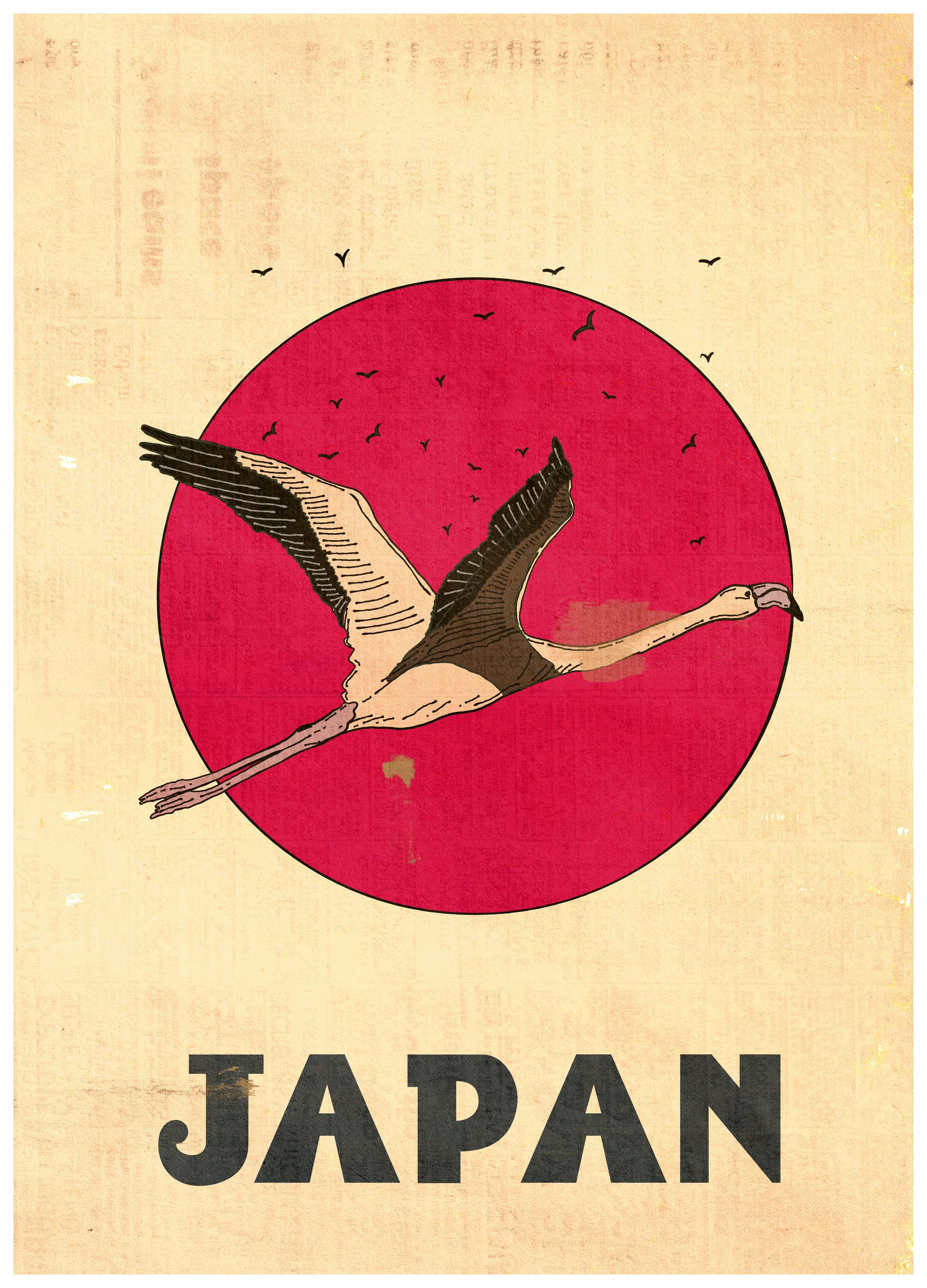 Nicholas - Latający flaming Japonia Plakat (70x100 cm) - Poster Store