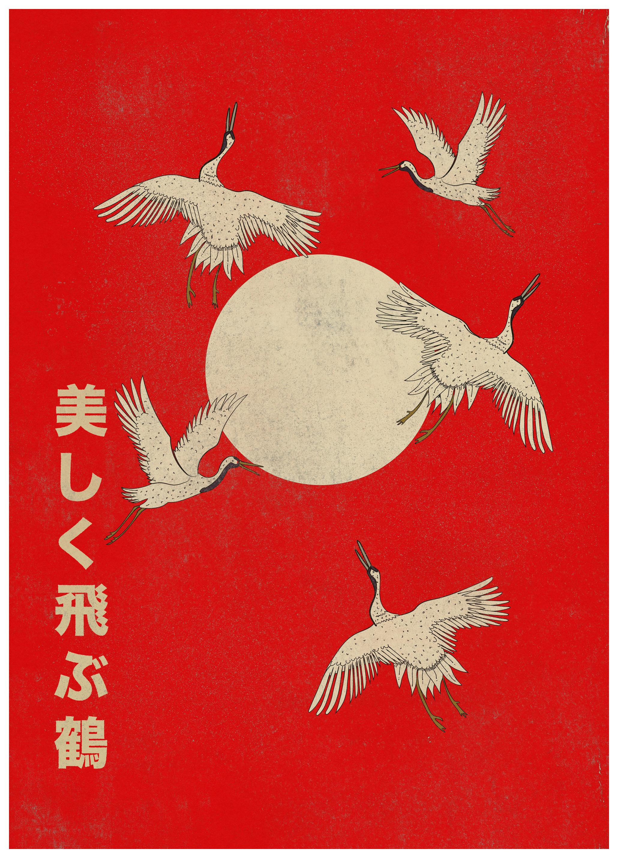 Nicholas - Cranes and Red Sun Poster (21x30 cm) - Poster Store