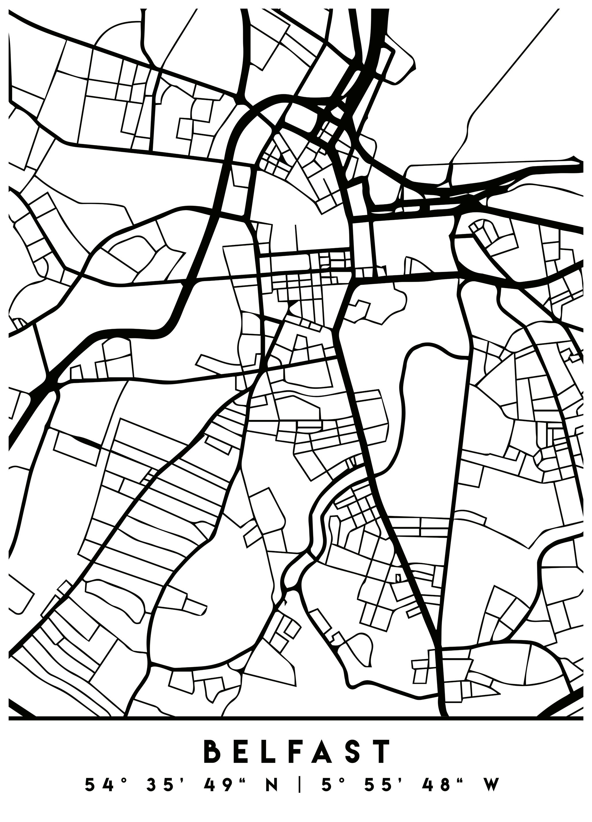 Prints Emiliano Deificus - Minimalist Belfast Map Poster (70x100 cm) - Poster Store