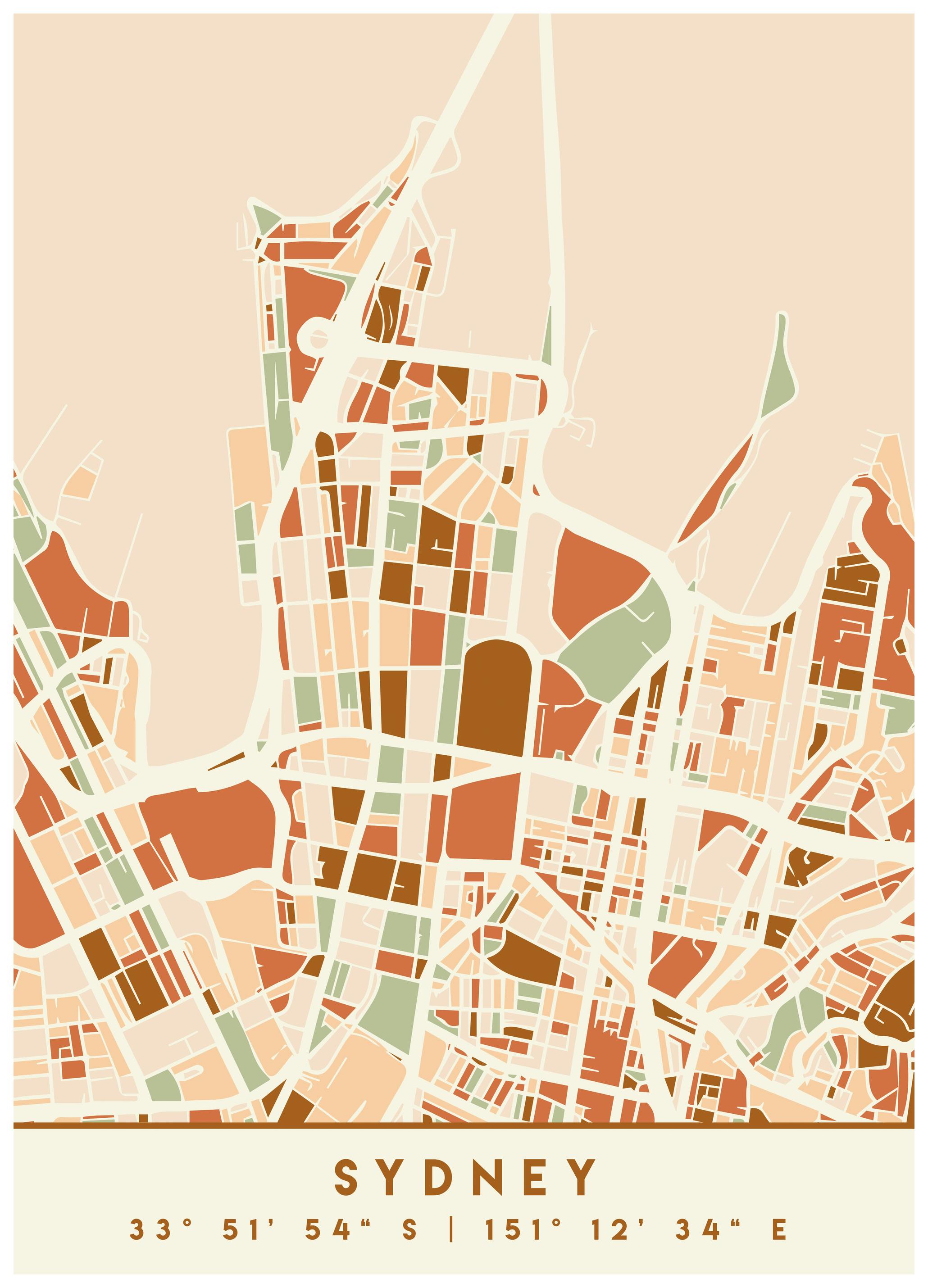 Emiliano Deificus - Modern Sydney City Map Affiche (70x100 cm) - Poster Store