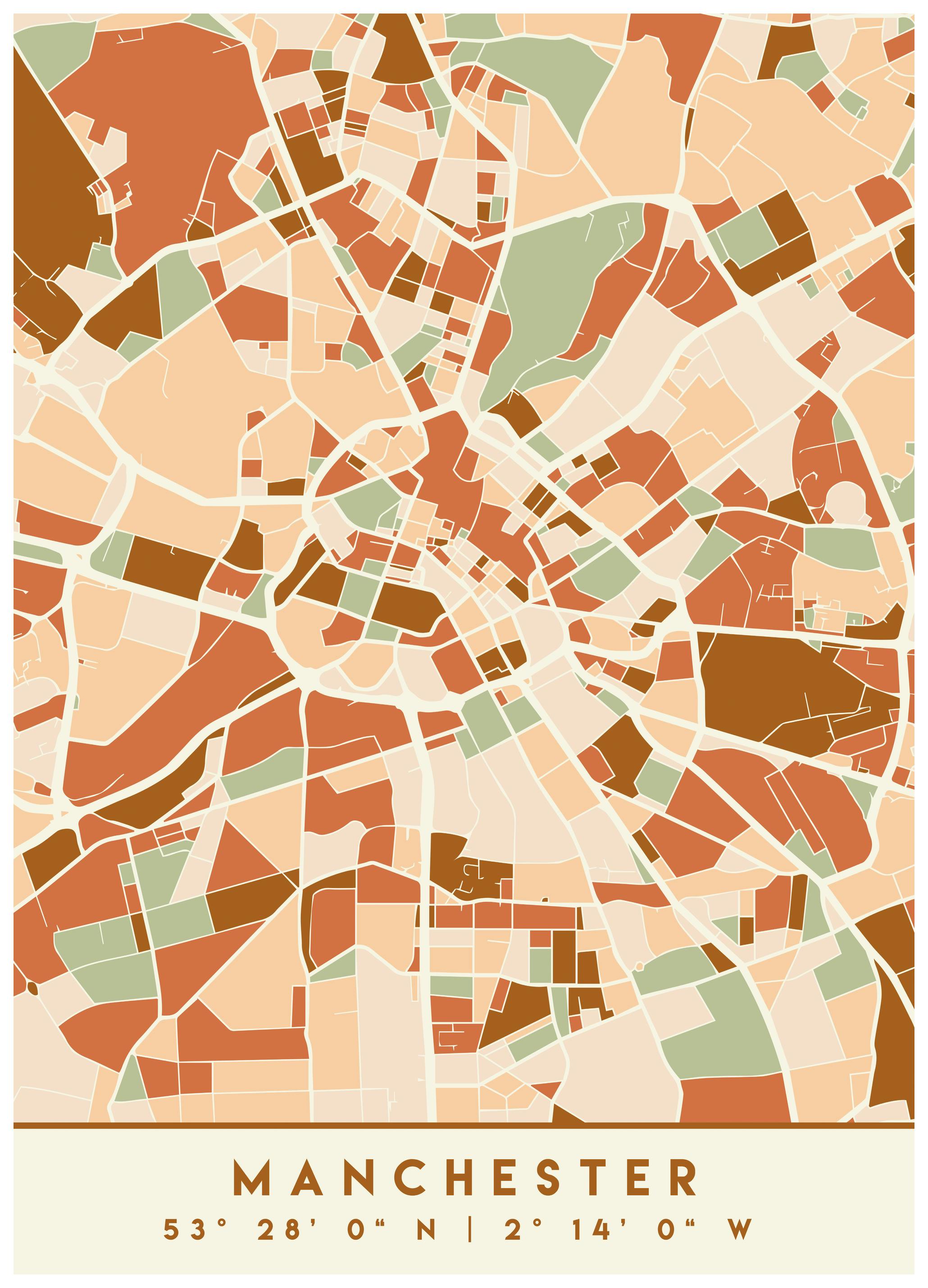 Emiliano Deificus - Stylized Manchester Map Affiche (50x70 cm) - Poster Store