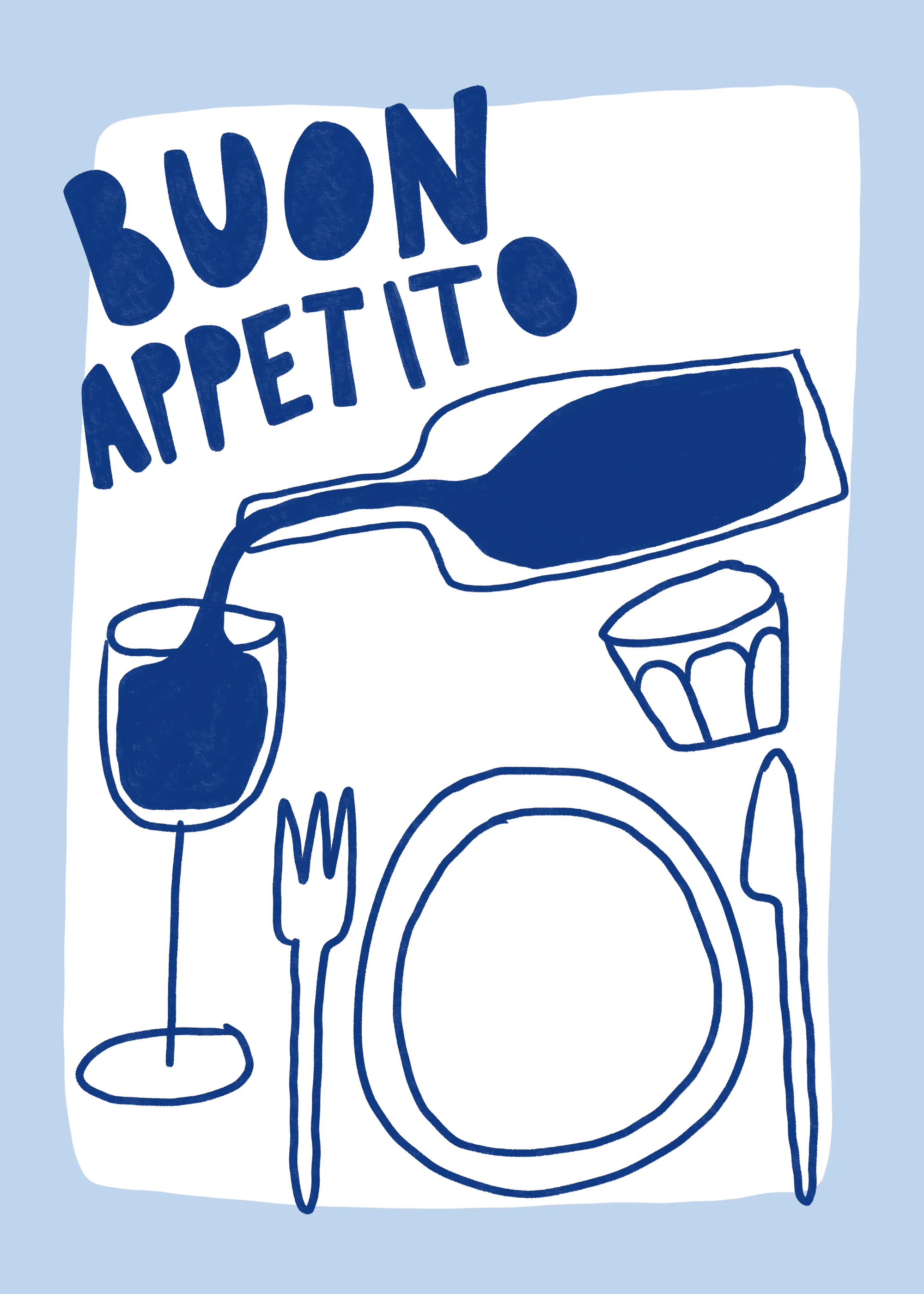 Poster Buon Appetito - Illustrazione Blu e Bianca per Cucina 0