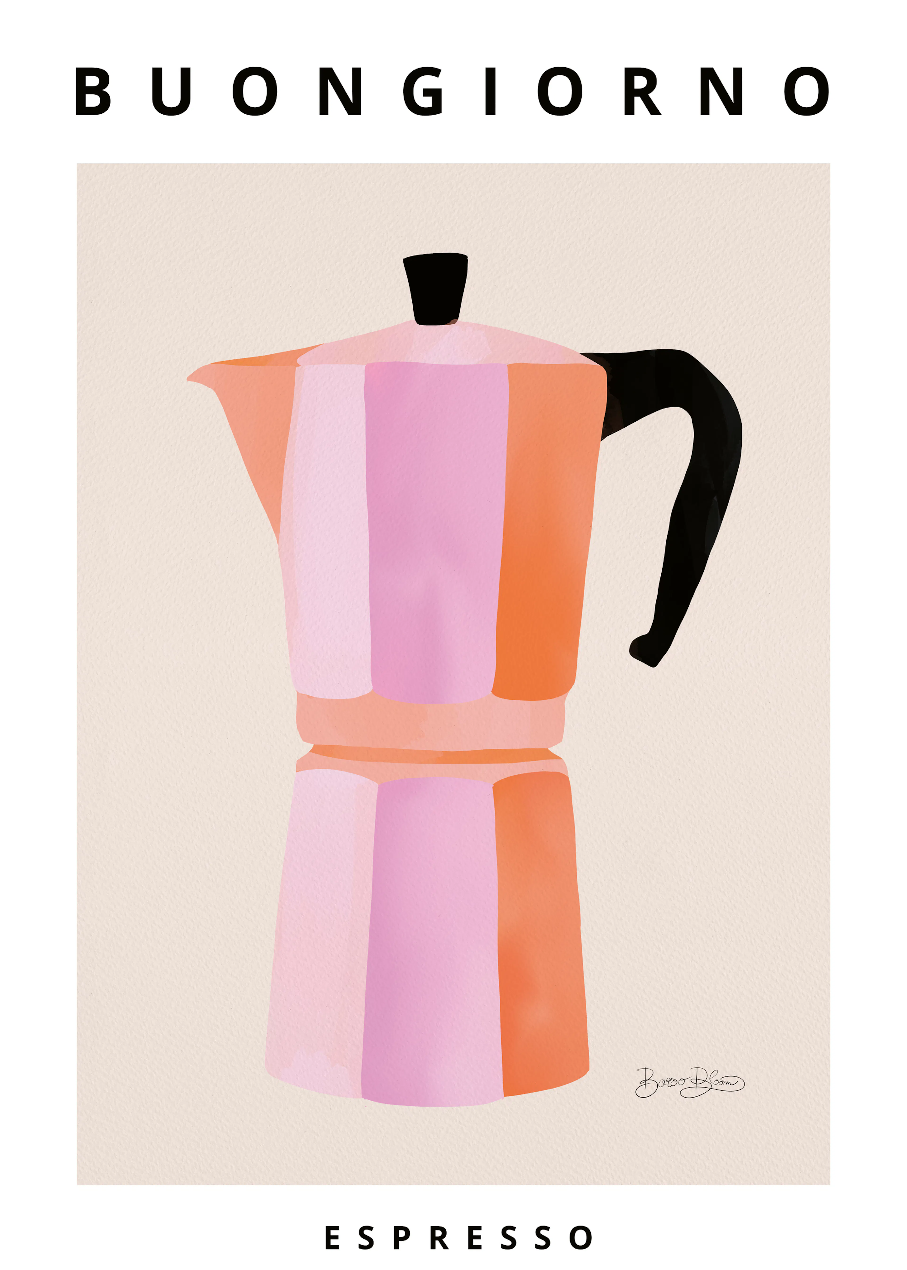 Poster Moka Espresso Colorato - Illustrazione Caffettiera Italiana Rosa e Arancione 0