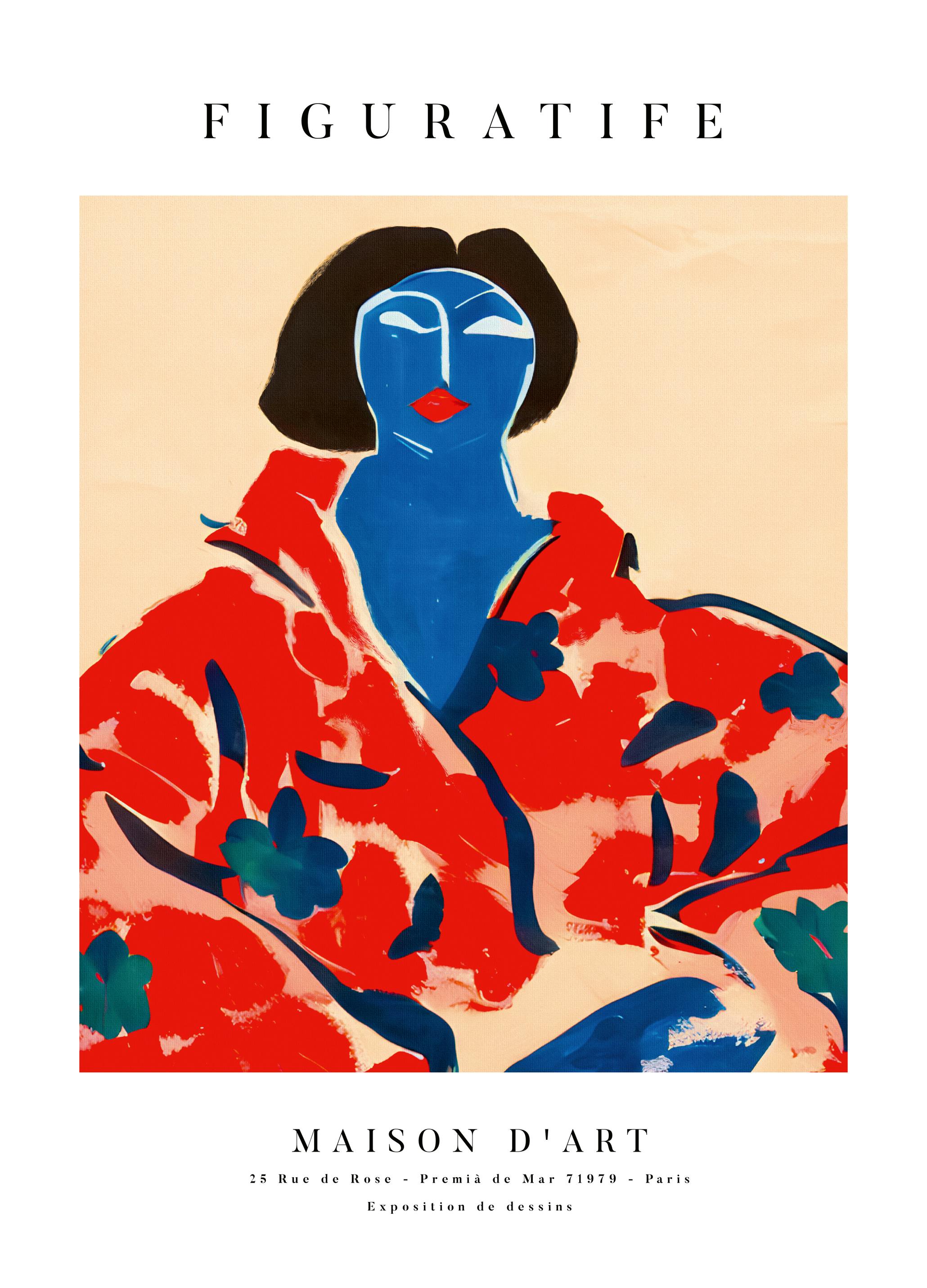 The Printable Studio - Portrait Floral Visage Bleu Affiche (70x100 cm) - Poster Store
