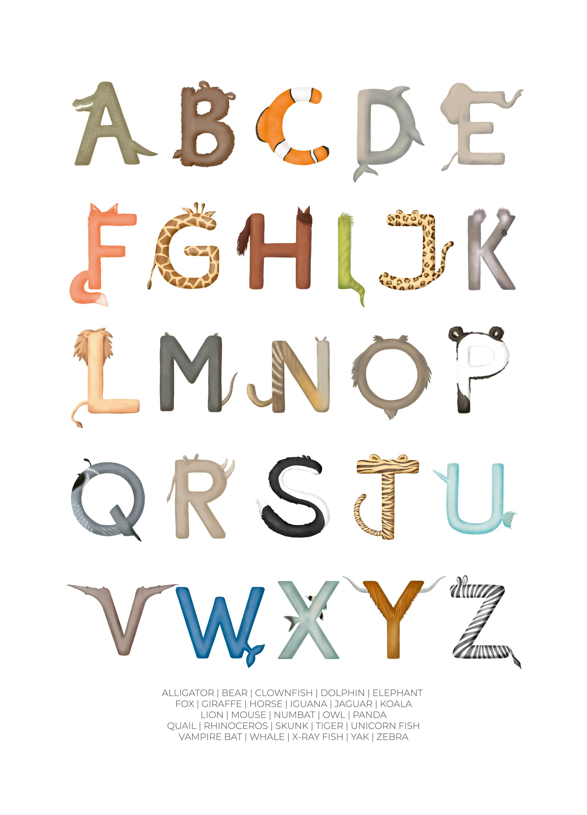 Aminah Eleonora - Speelse Dieren Alfabet Poster (50x70 cm) - Poster Store