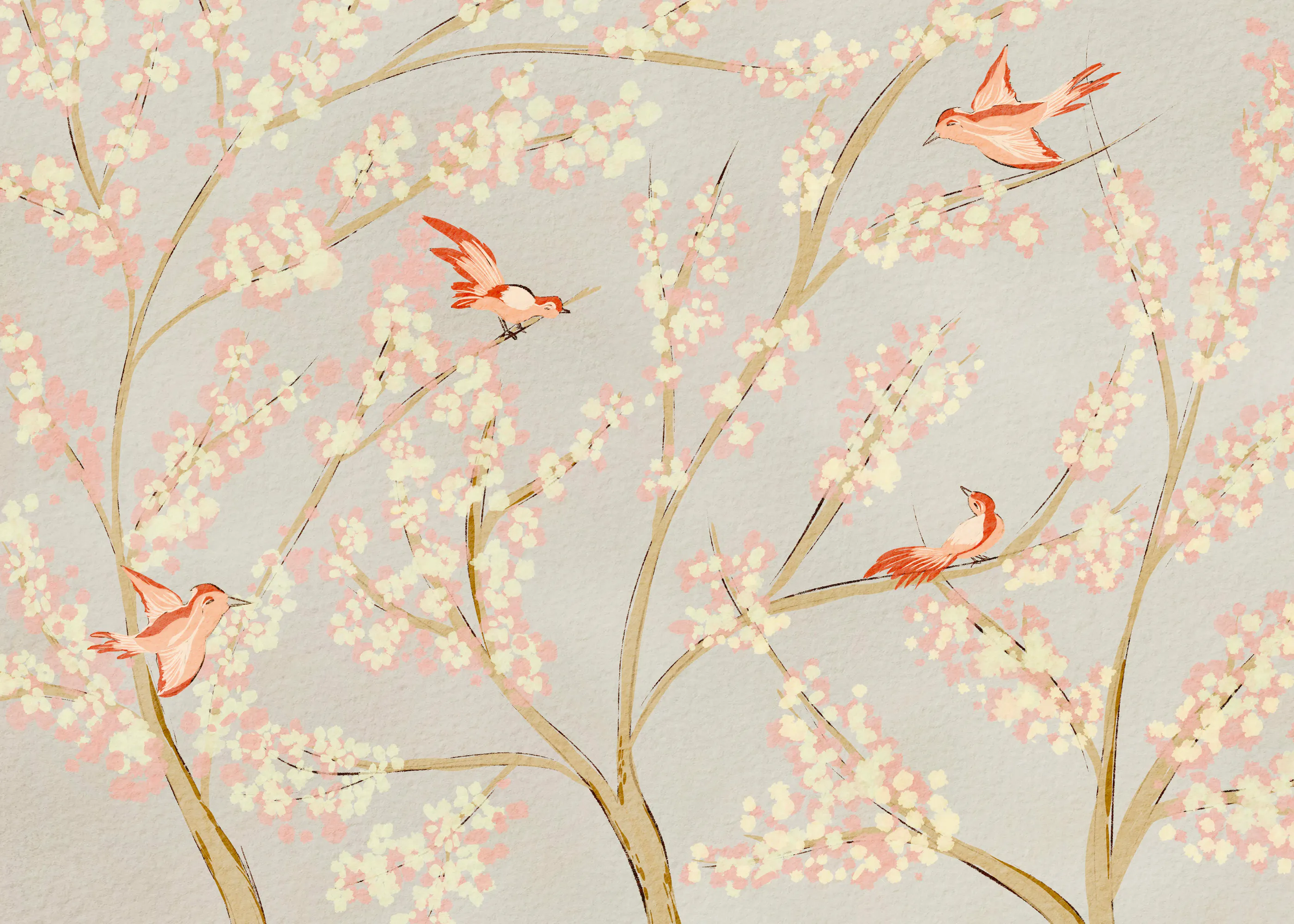 Nikita Jariwala - ピンクの鳥と春の花々 ポスター 0