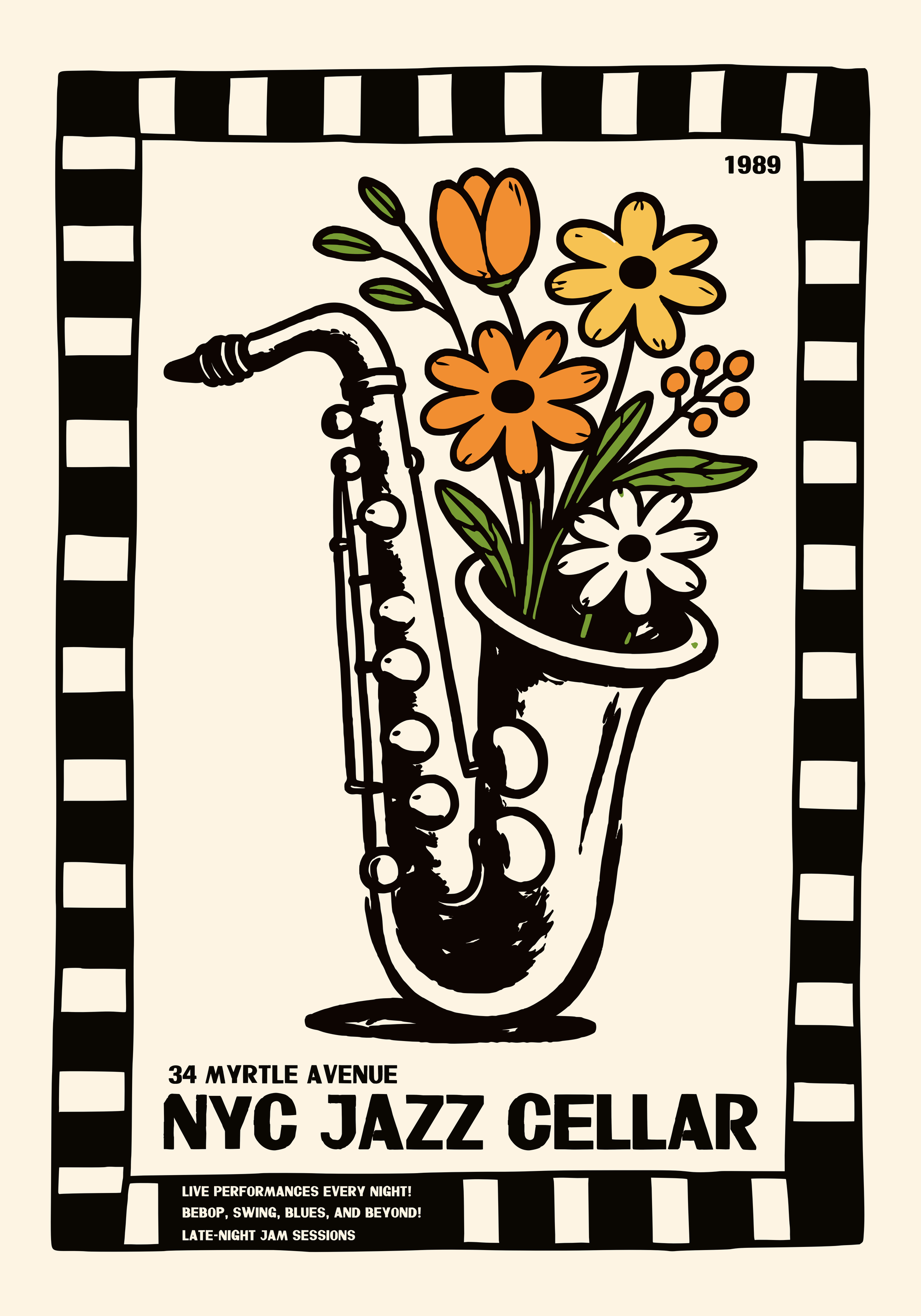 Retro Jazz Saxophone Flowers Art Poster | Poster Store US