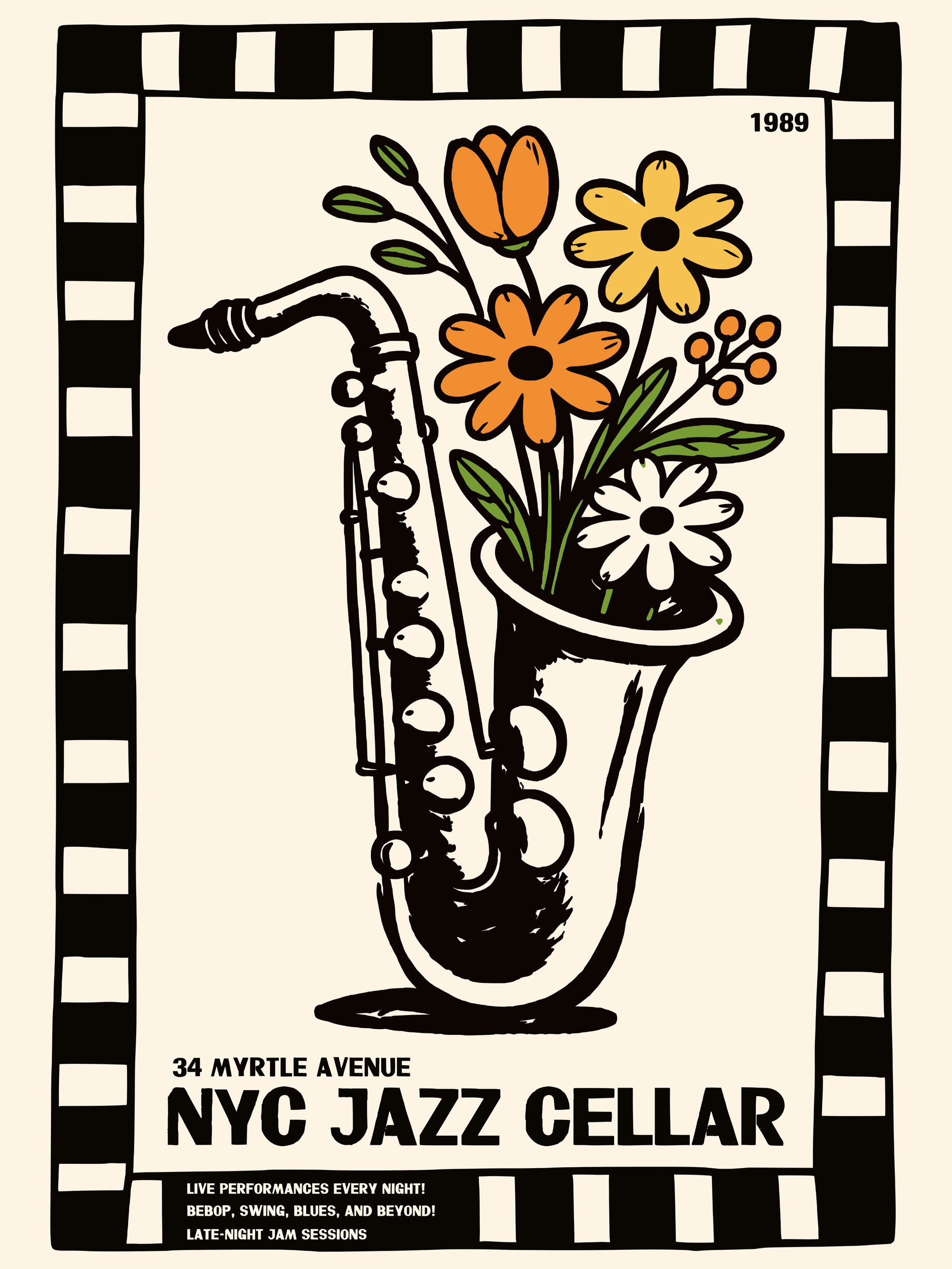 Retro Jazz Saxofoon met Bloemen Poster | Poster Store NL