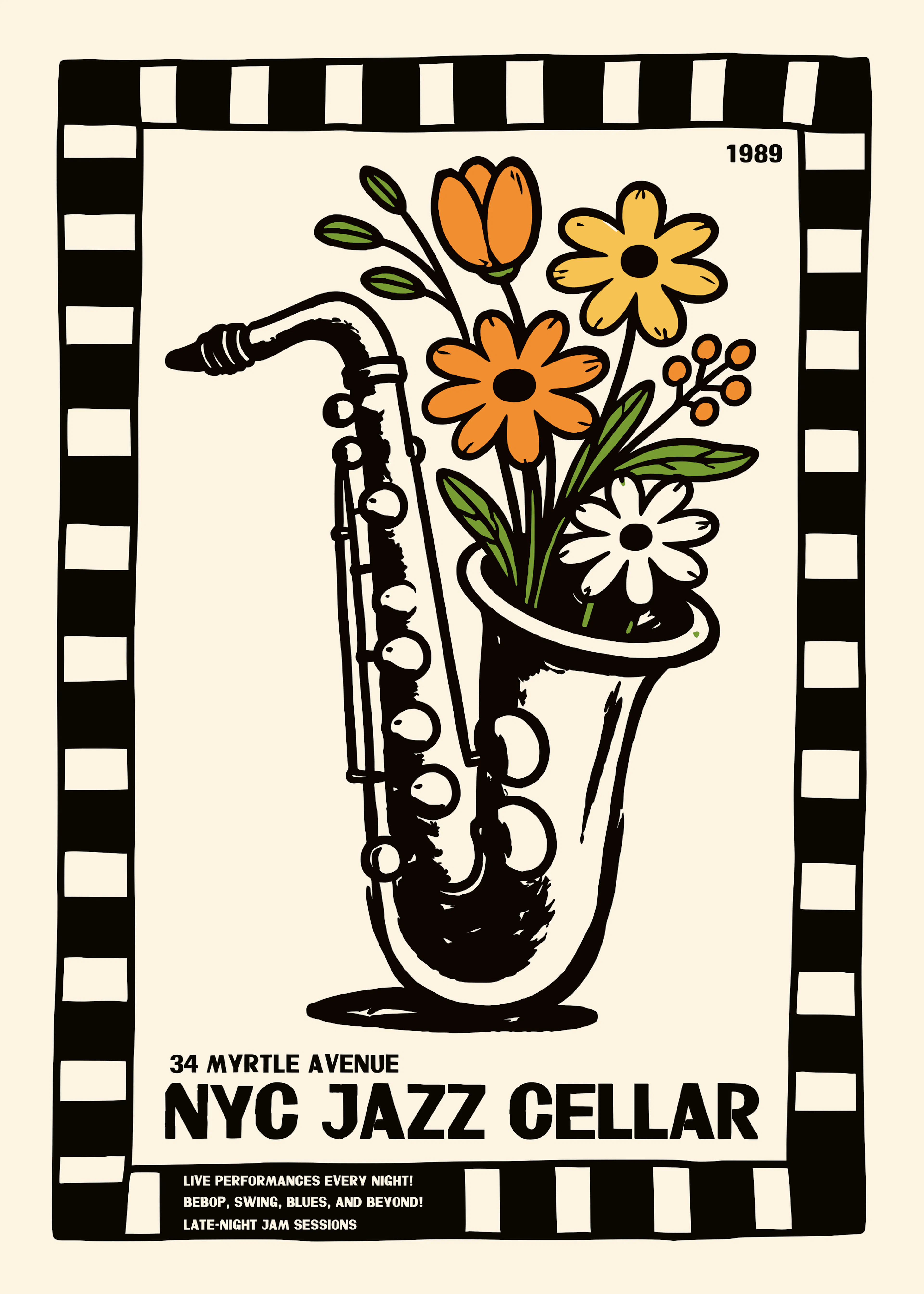 Patryk Krygowski - Retro Jazz Saxophon Blumen Poster 0