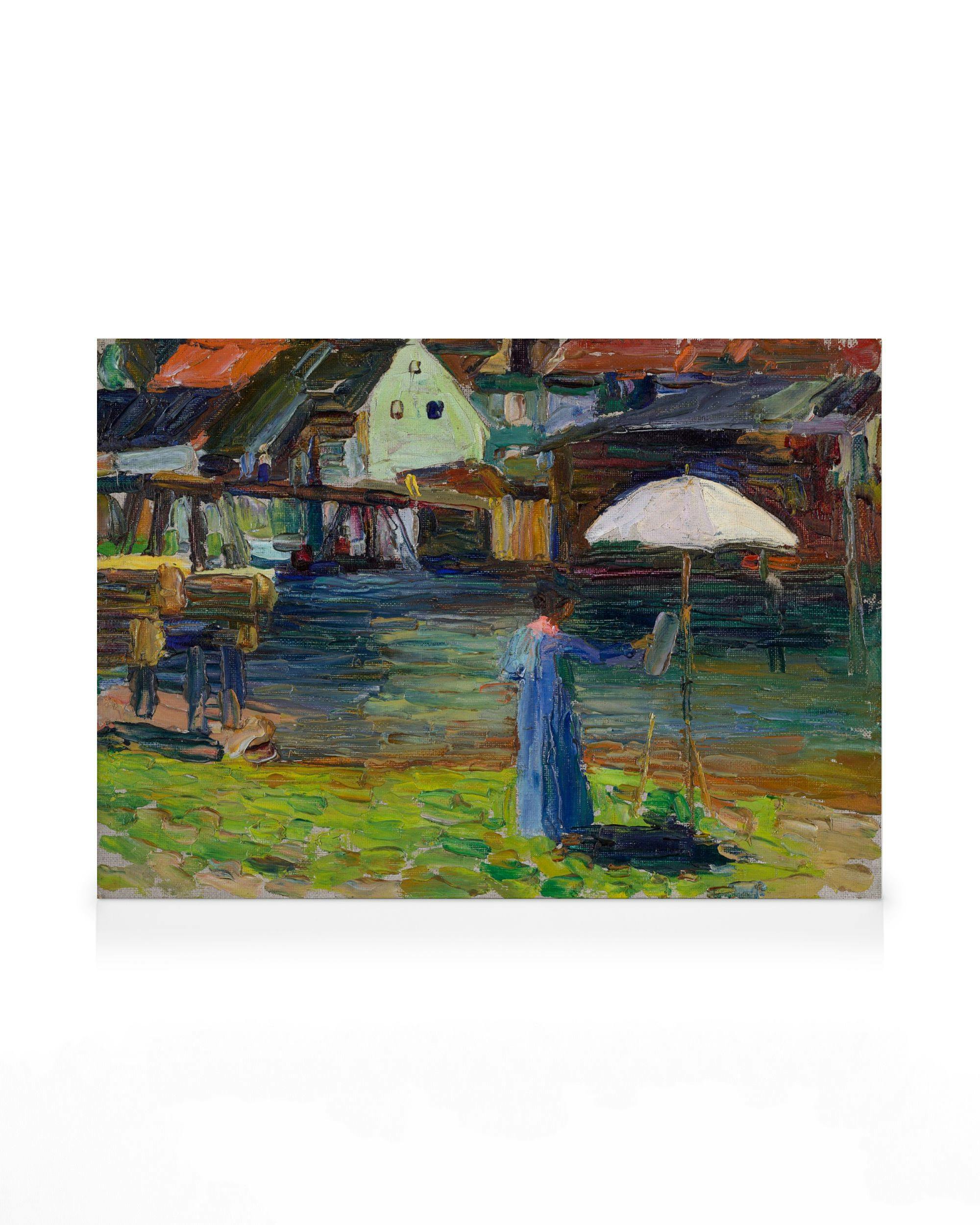 Wassily Kandinsky - Kallmünz Gabriele Münter Painting I Canvas schilderij (50x70 cm - Fotolijst Eiken) - Poster Store