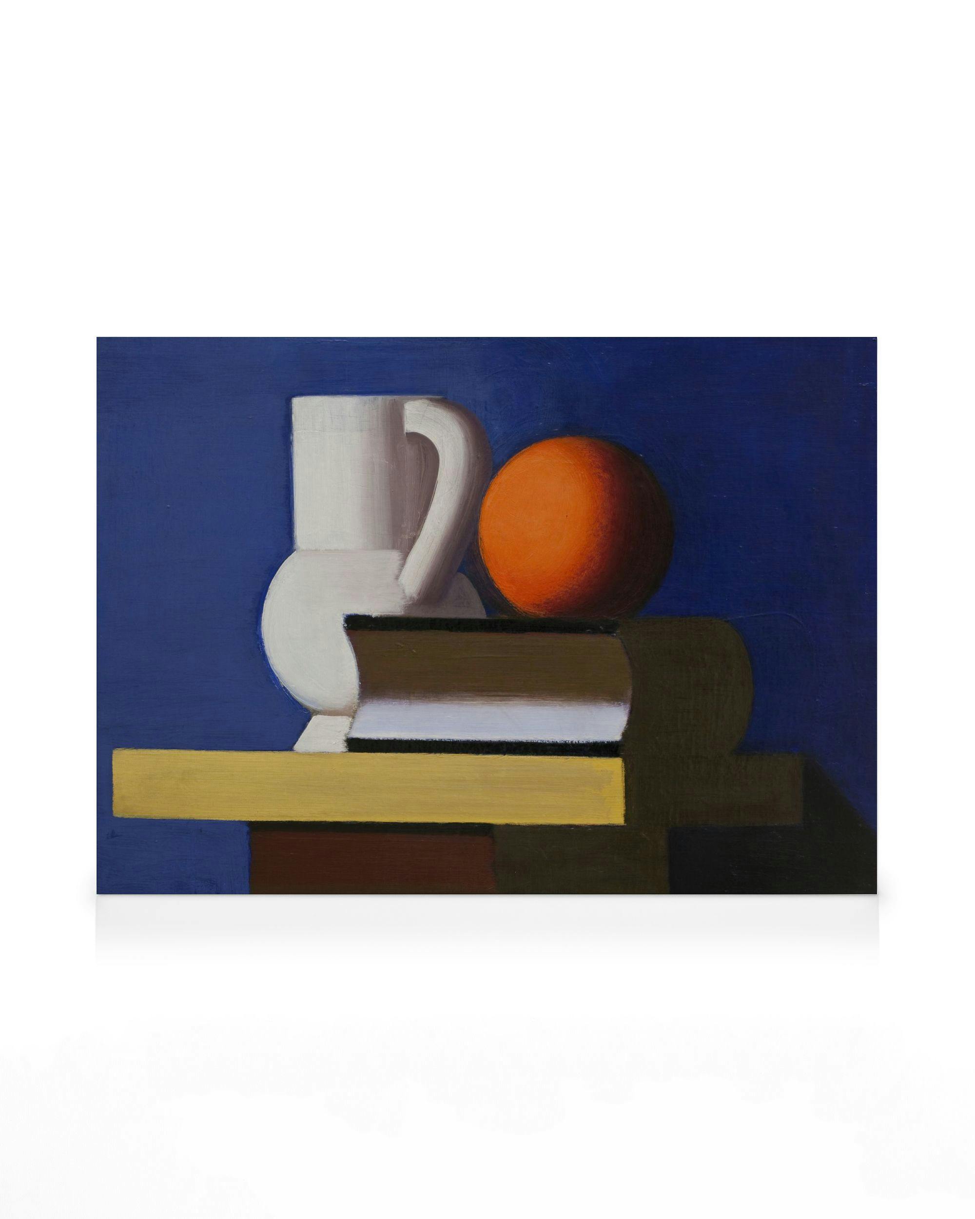 Canvas Prints - Vilhelm Lundstrøm - Arrangement with White Jug, Orange and Book Canvas print (70x100 cm - Black Frame) - Poster Store
