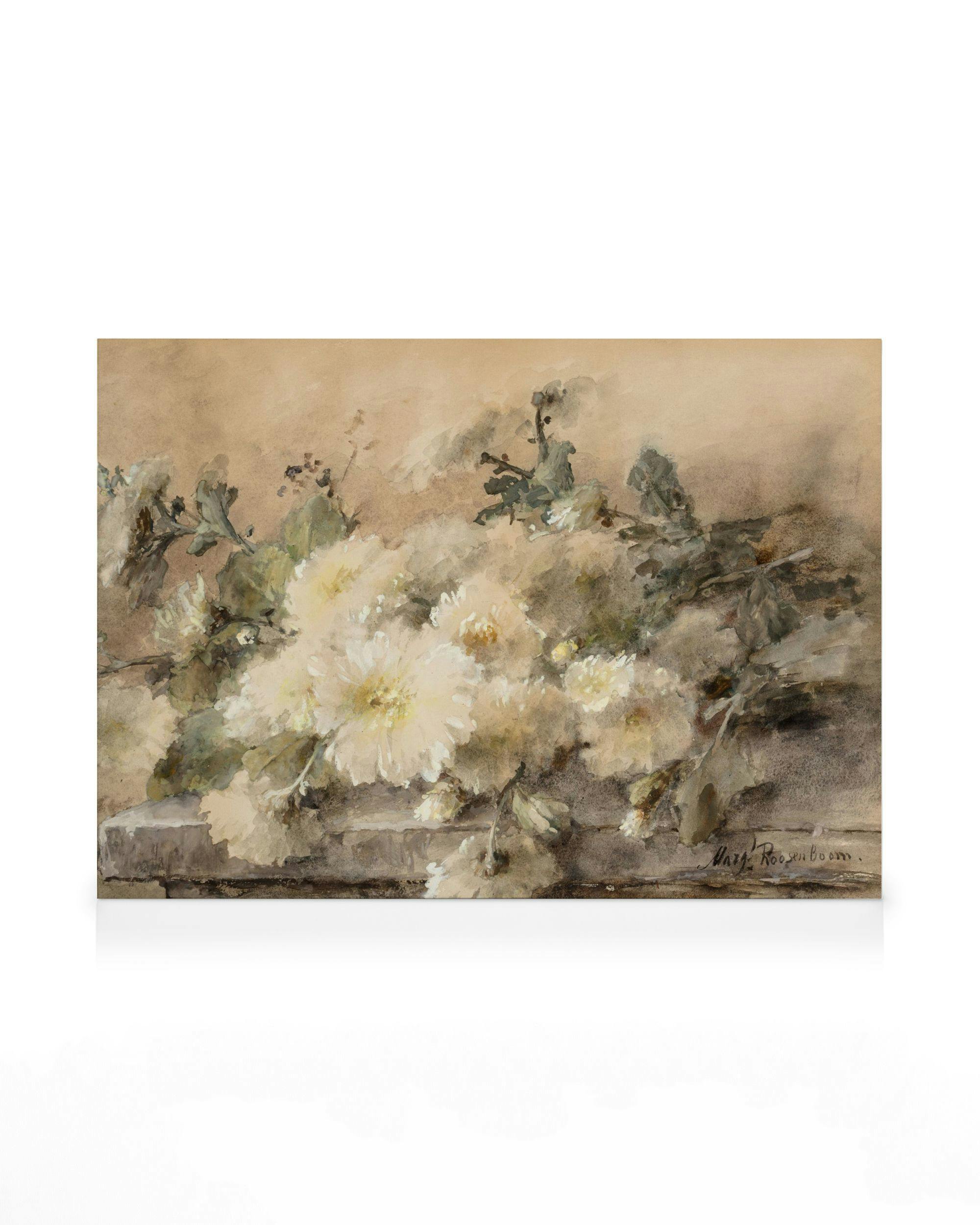 Canvas Prints - Margaretha Roosenboom - Spray of White Chrysanthemums on a Stone Ledge Canvas print (70x100 cm - Black Frame) - Poster Store
