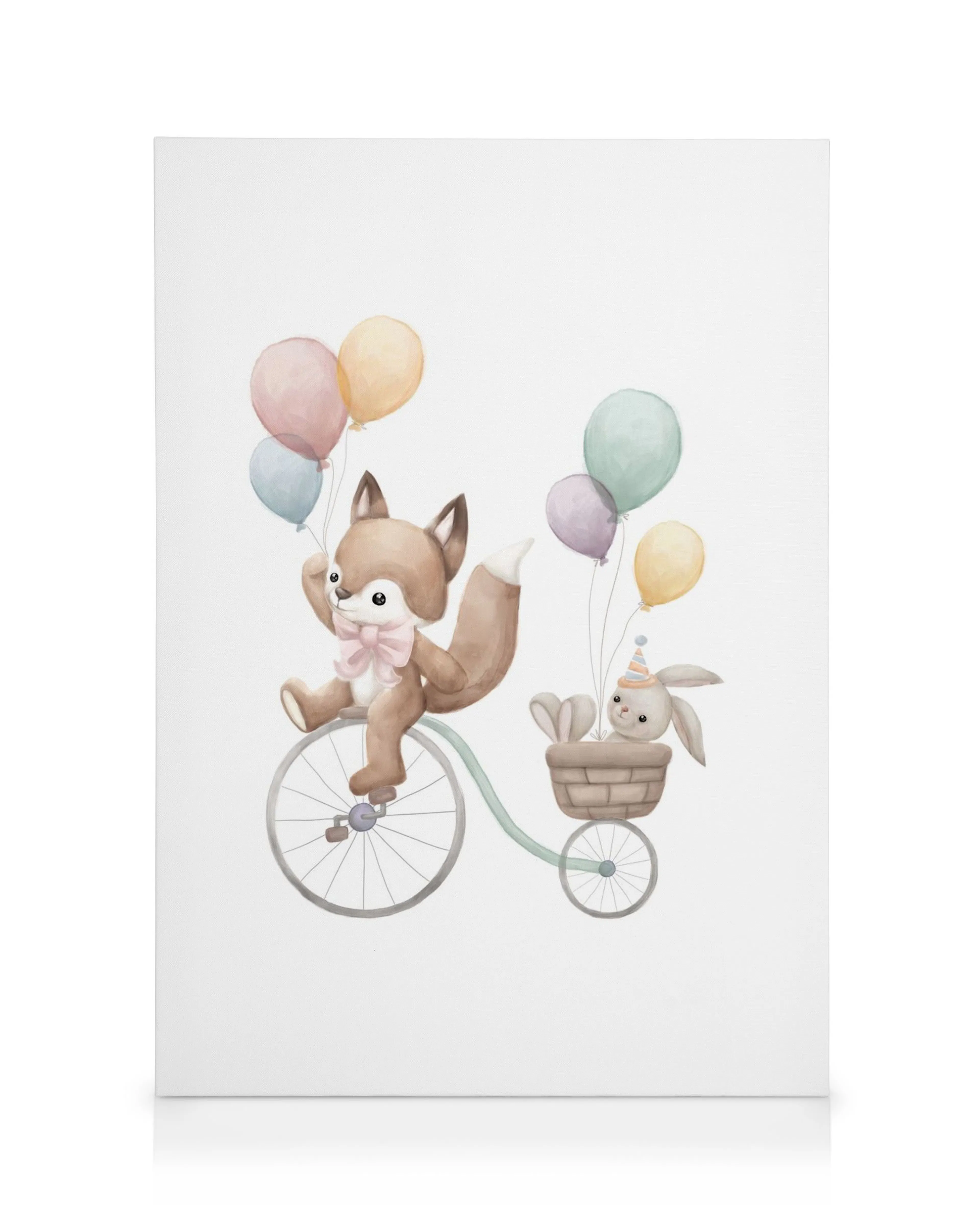 A canvas featuring a cute fox riding a bicycle with colorful balloons and a bunny in the front basket.