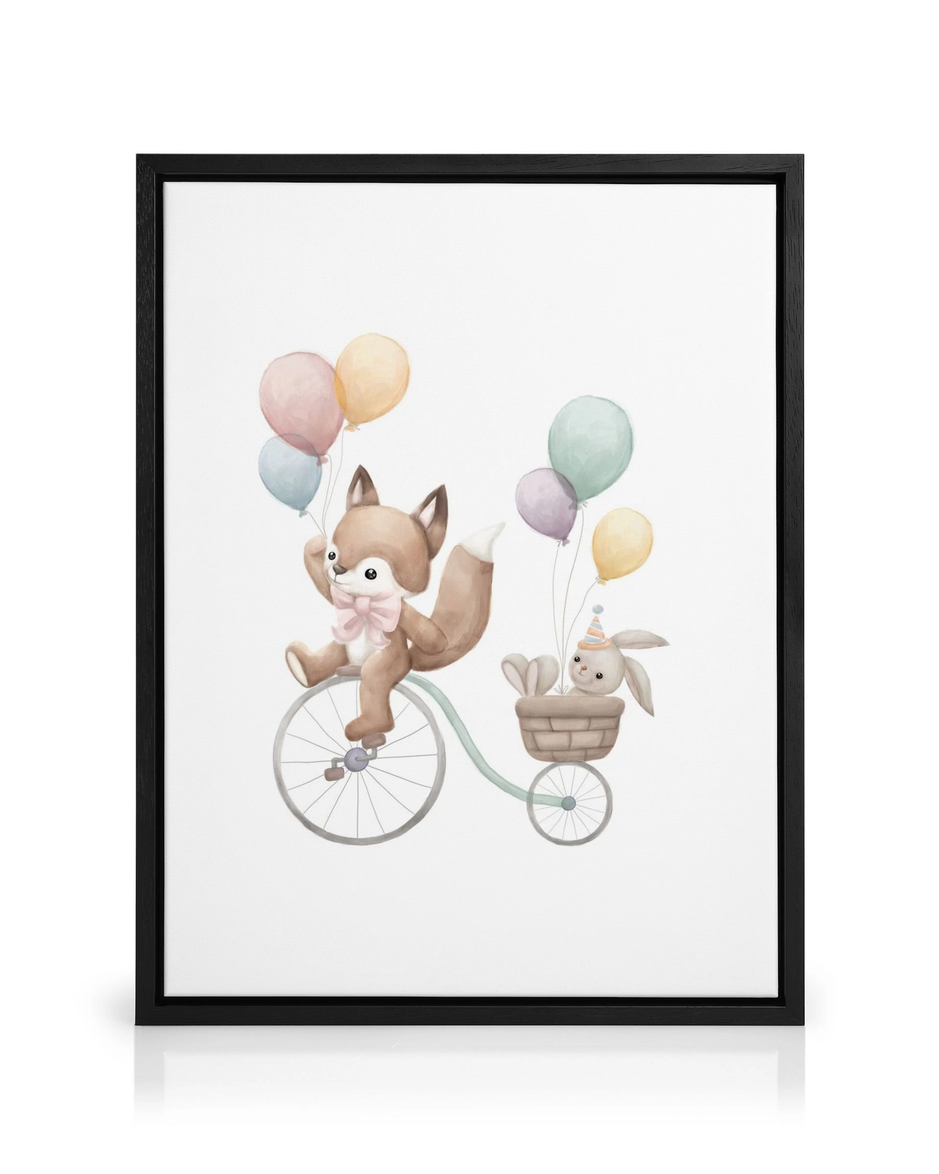 A canvas of a cute fox riding a bicycle with a bunny in a basket, holding colorful balloons.