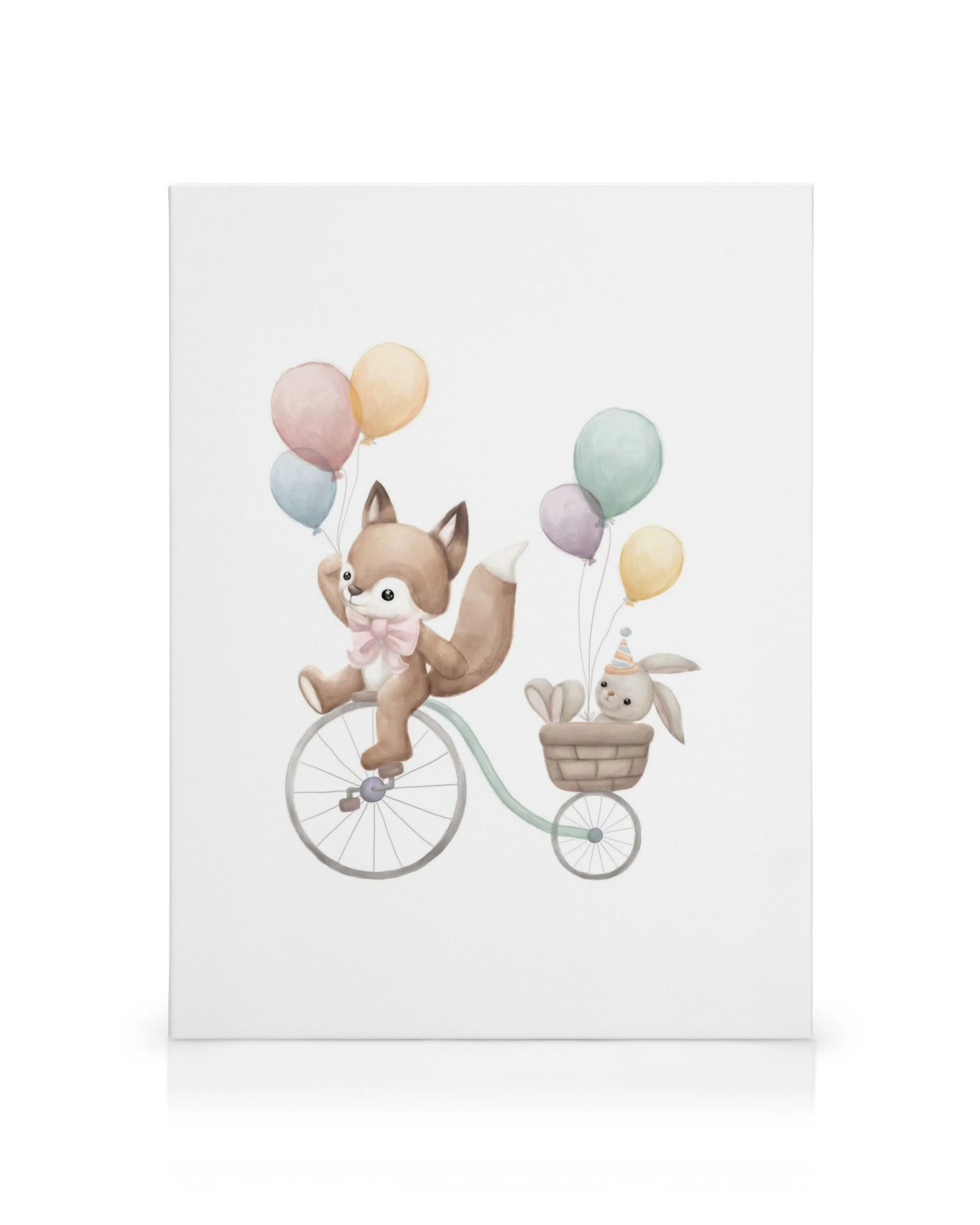 Lærred med en sød ræv på en enhjulet cykel med farverige balloner og en kanin i kurv.