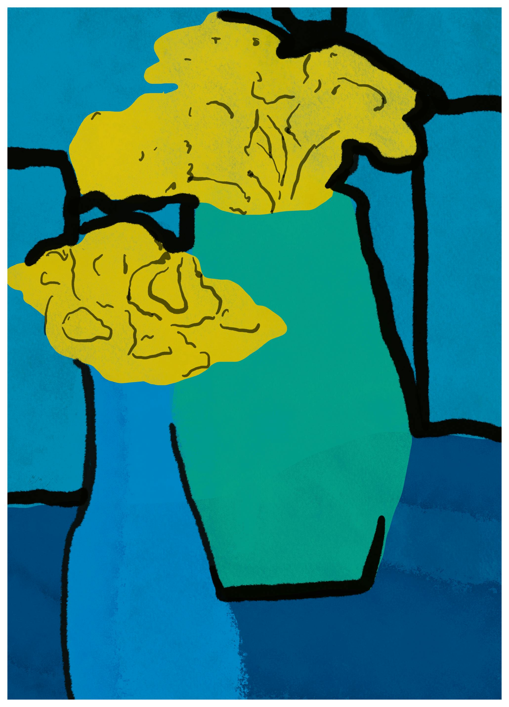 Little Dean - Yellow Flowers Blue Vases Poster (70x100 cm) - Poster Store