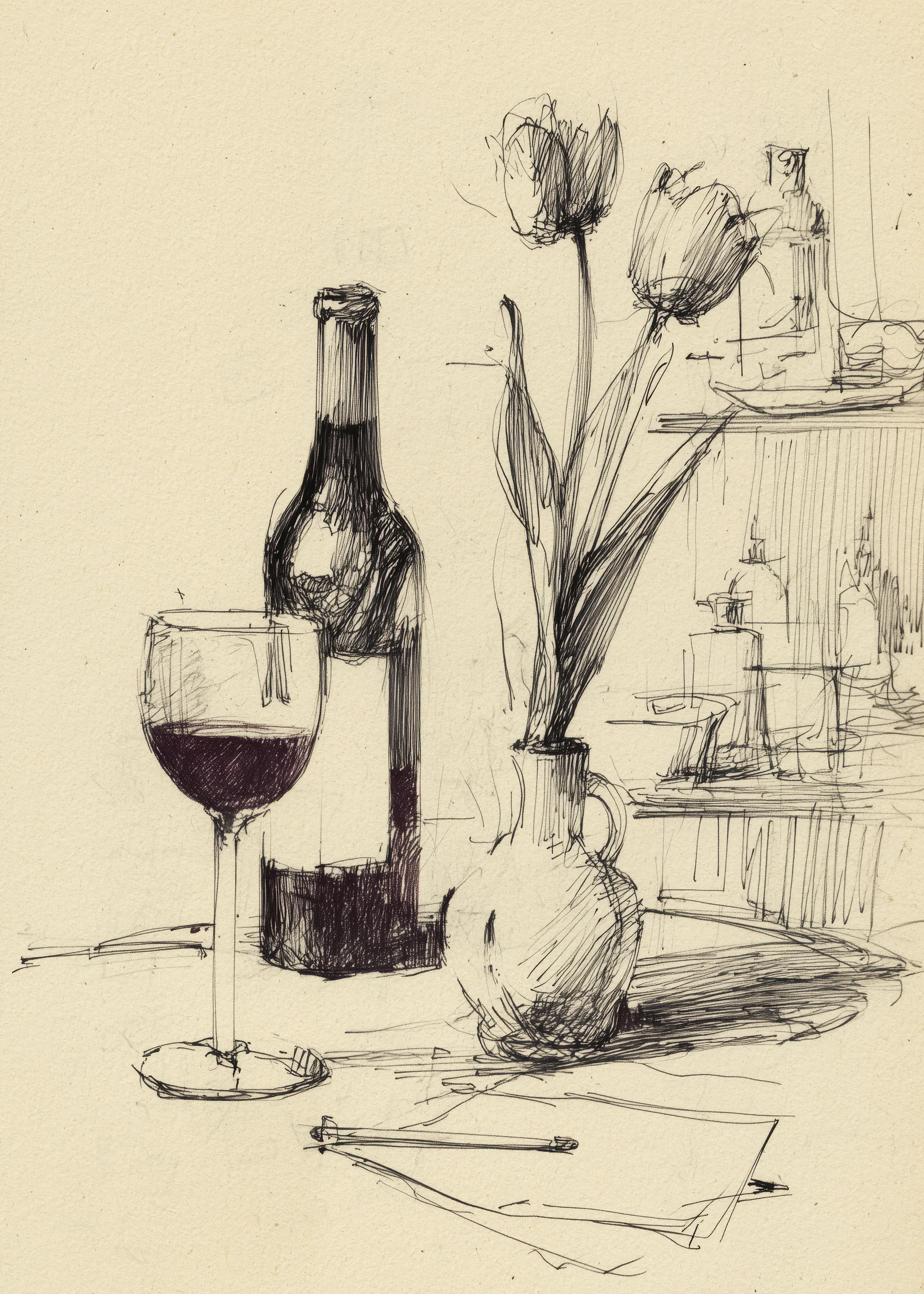 Andreas Magnusson - Boceto de Vino y Tulipanes Póster 0