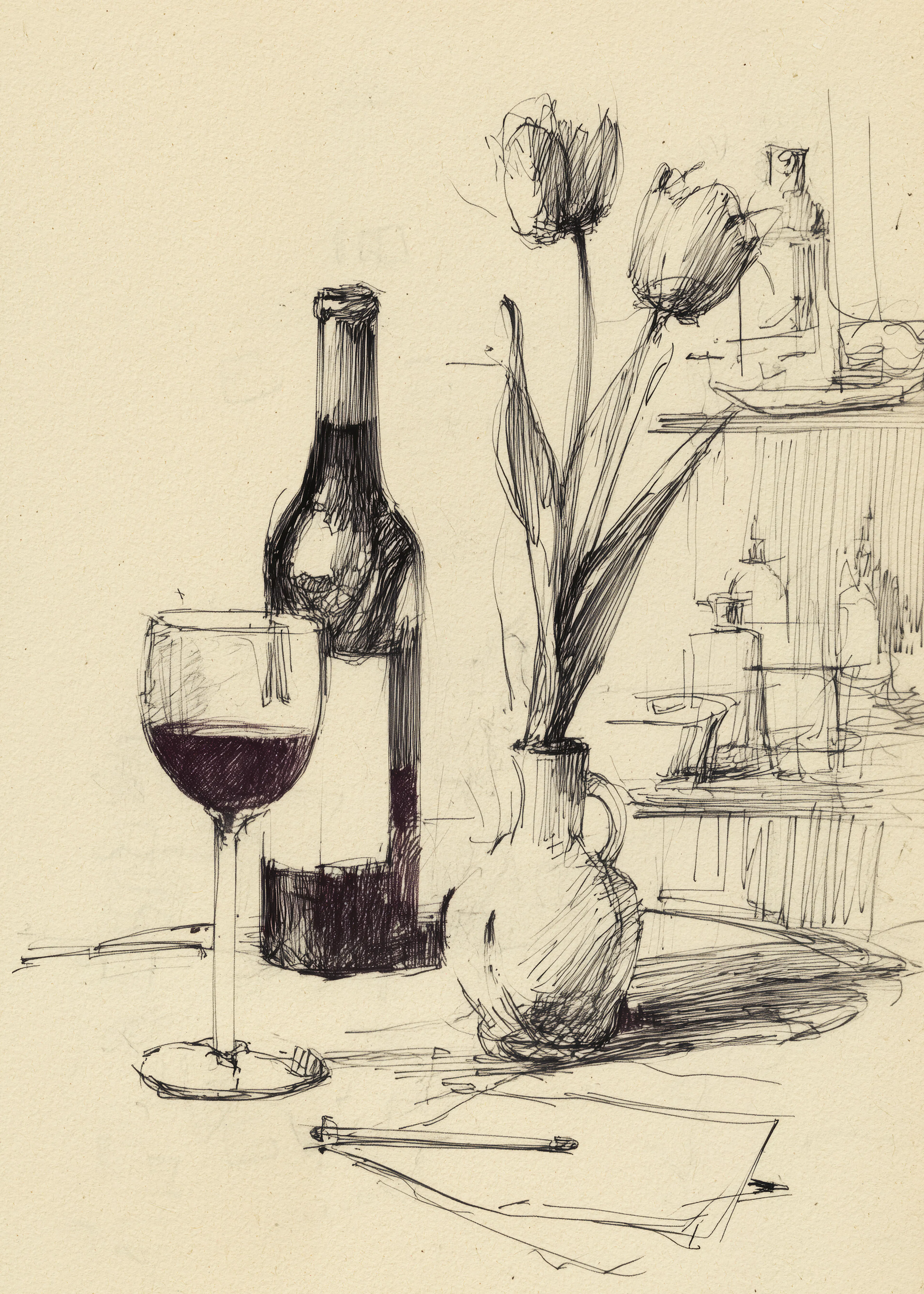 Andreas Magnusson - Boceto de Vino y Tulipanes Póster 0