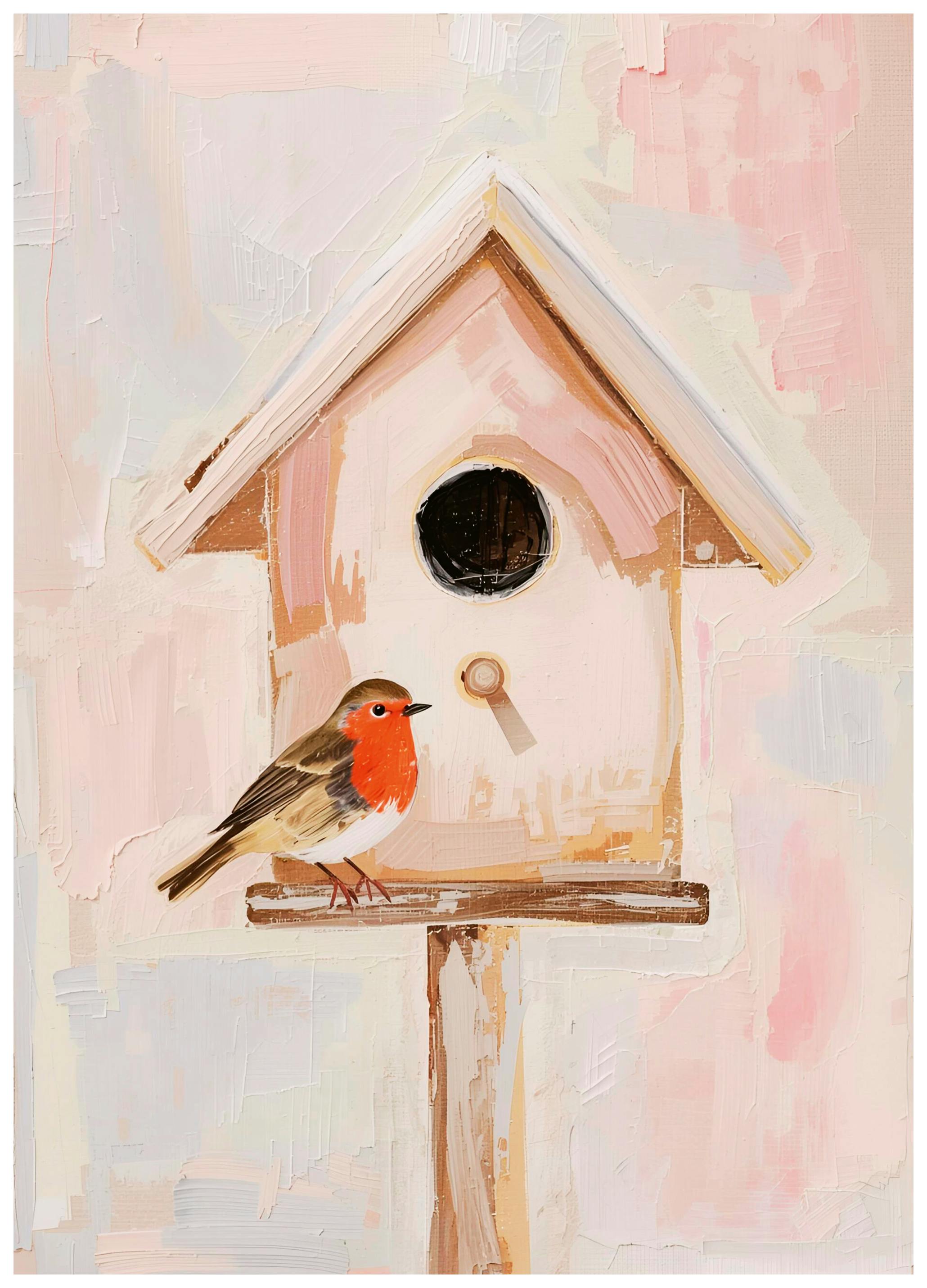 Ohkimiko - Roodborstje op Vogelhuisje Poster (21x30 cm) - Poster Store