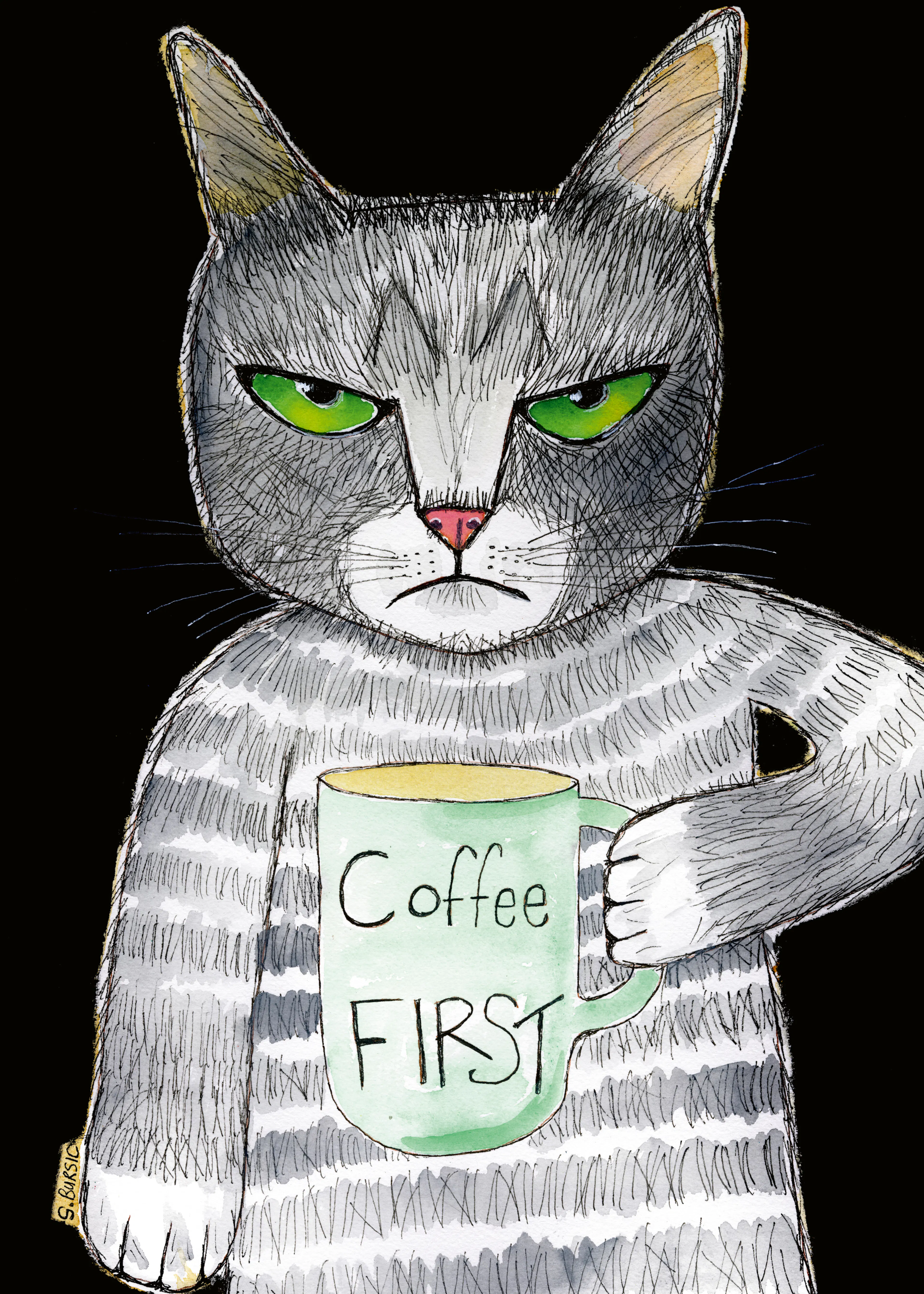 Sharyn Bursic - Gato Gruñón Café Primero Póster 0