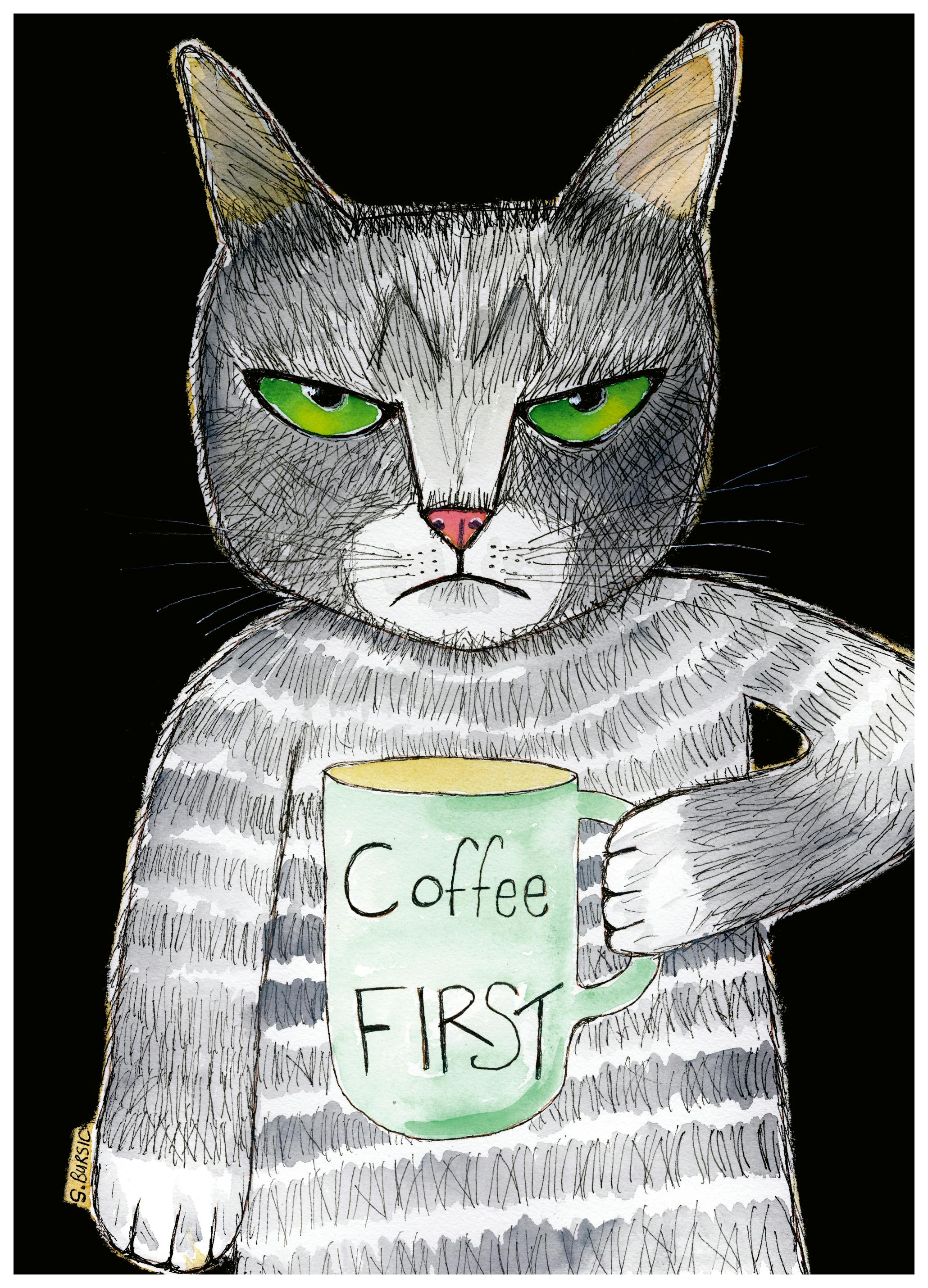 Sharyn Bursic - Chat Grincheux Le Café D'abord Affiche (50x70 cm) - Poster Store