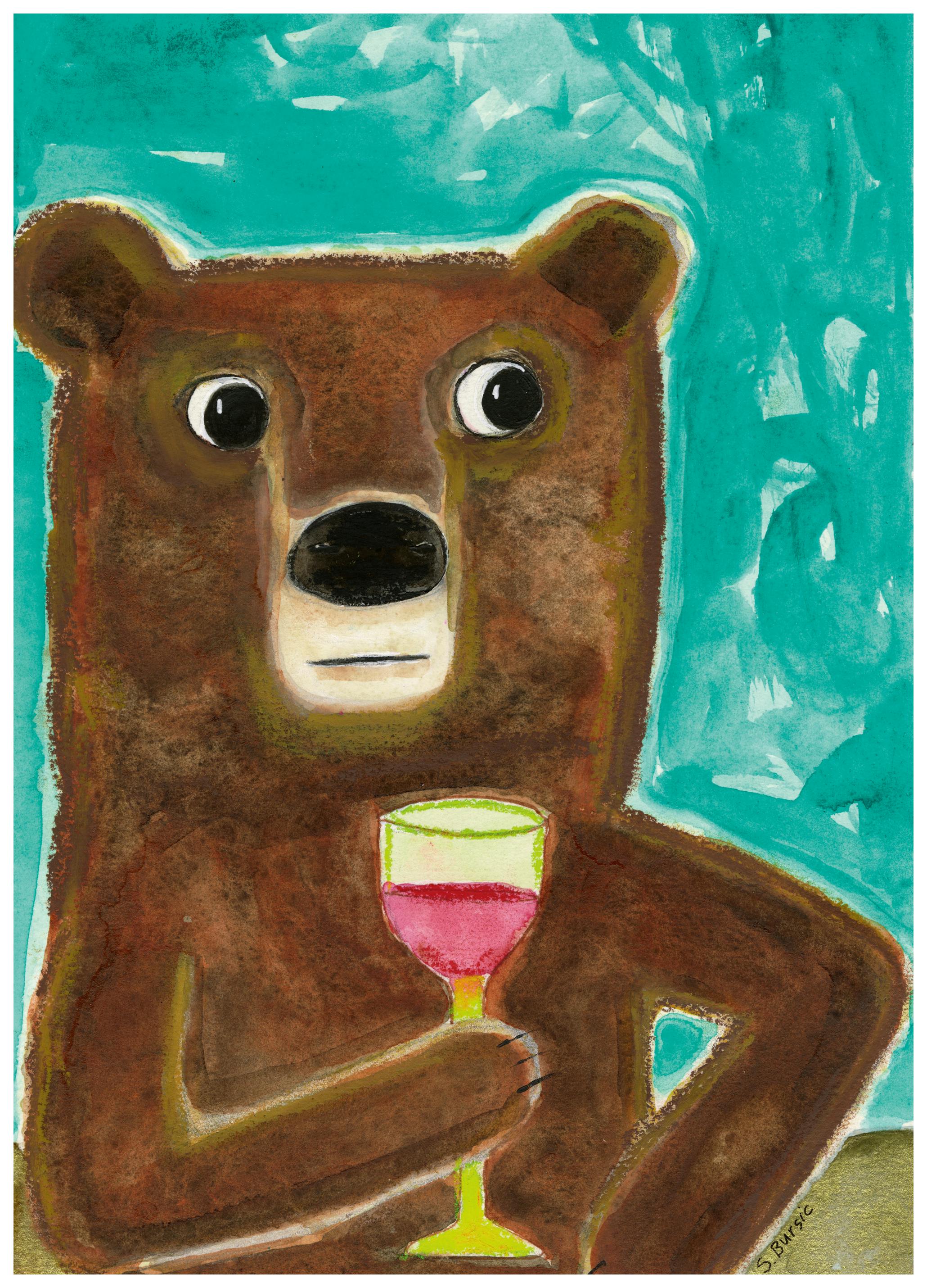 Sharyn Bursic - Whimsical Bear With Wine Poster (50x70 cm) - Poster Store