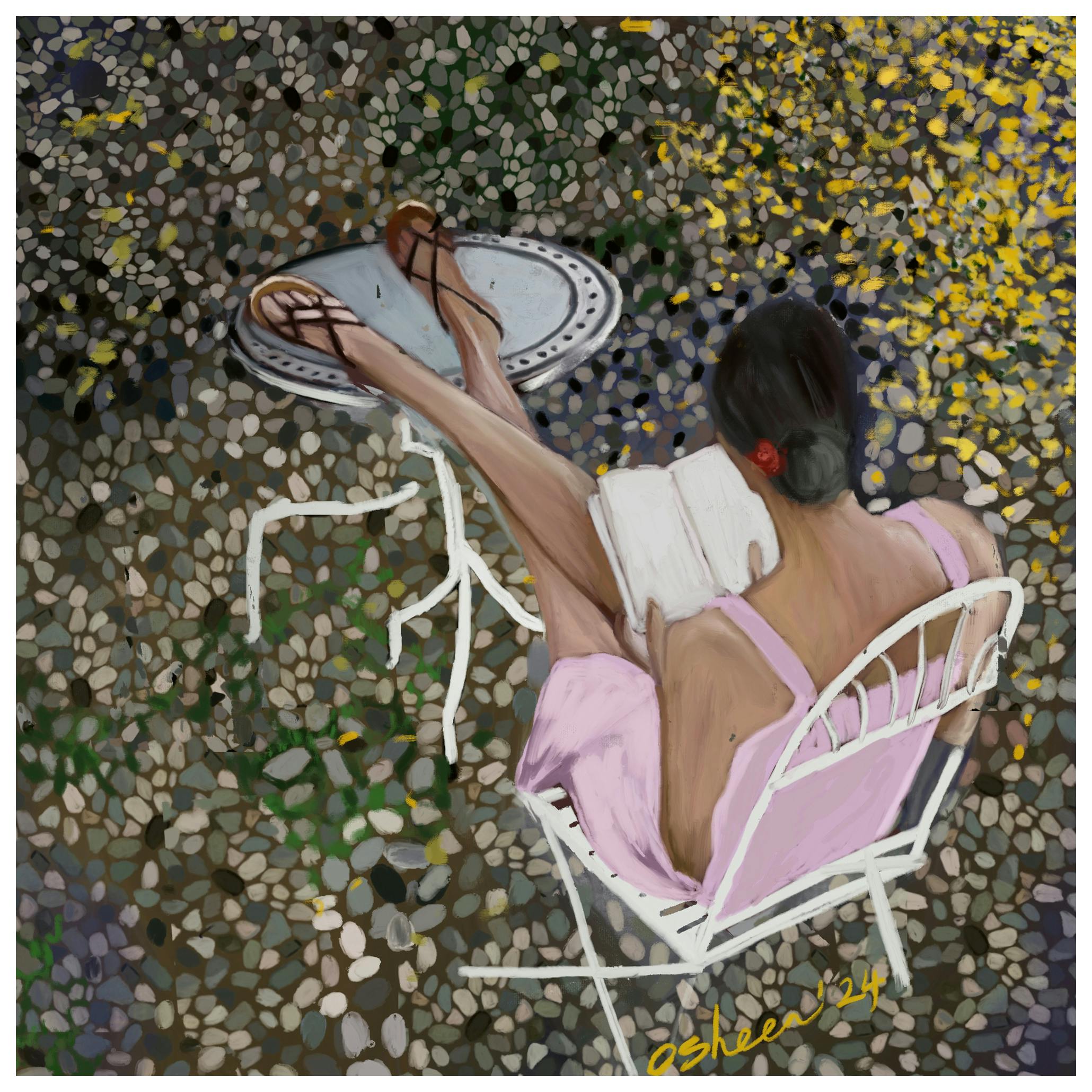 Osheensgallery - Peaceful Garden Reading Poster (50x50 cm) - Poster Store