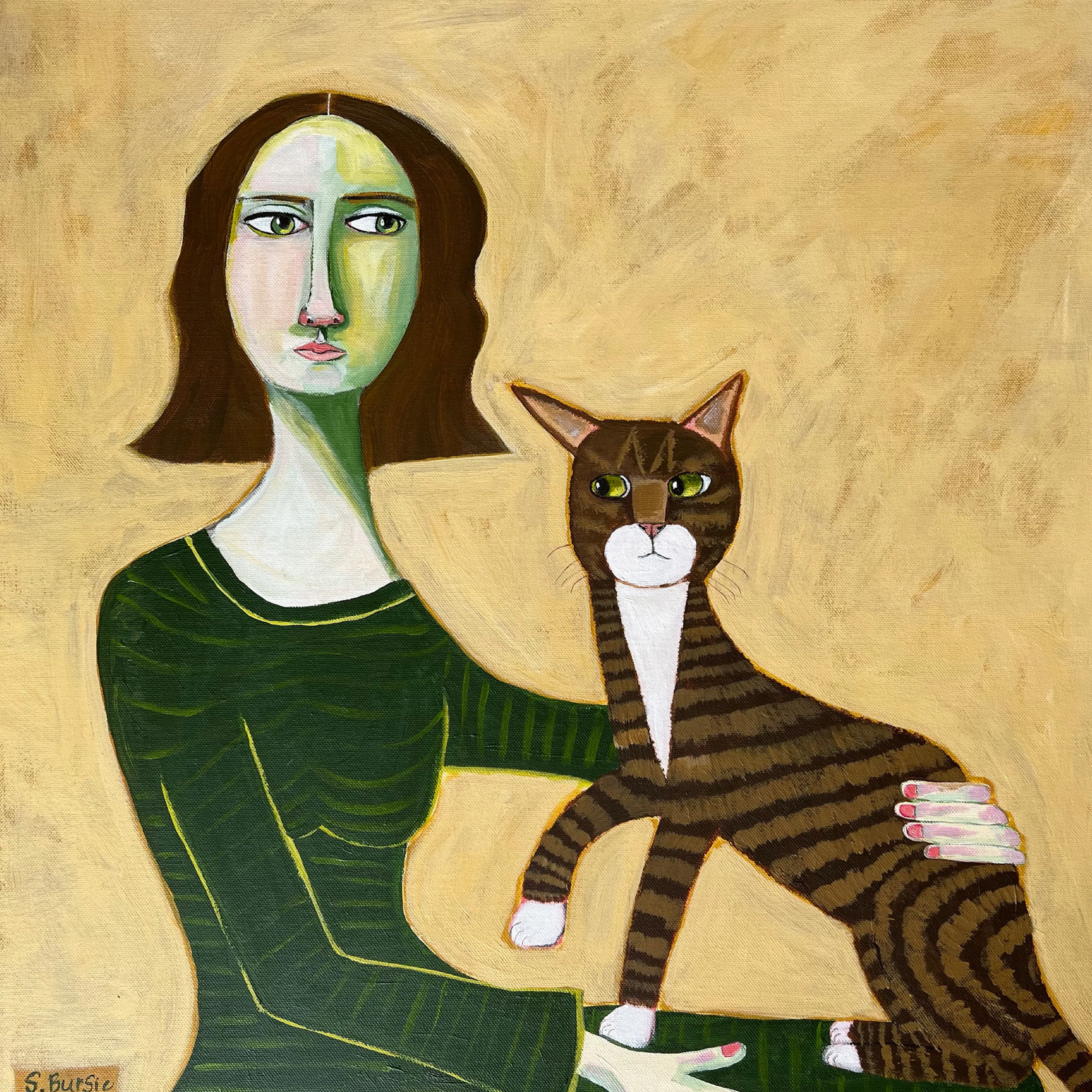 Sharyn Bursic - Vrouw met Gestreepte Kat Poster 0