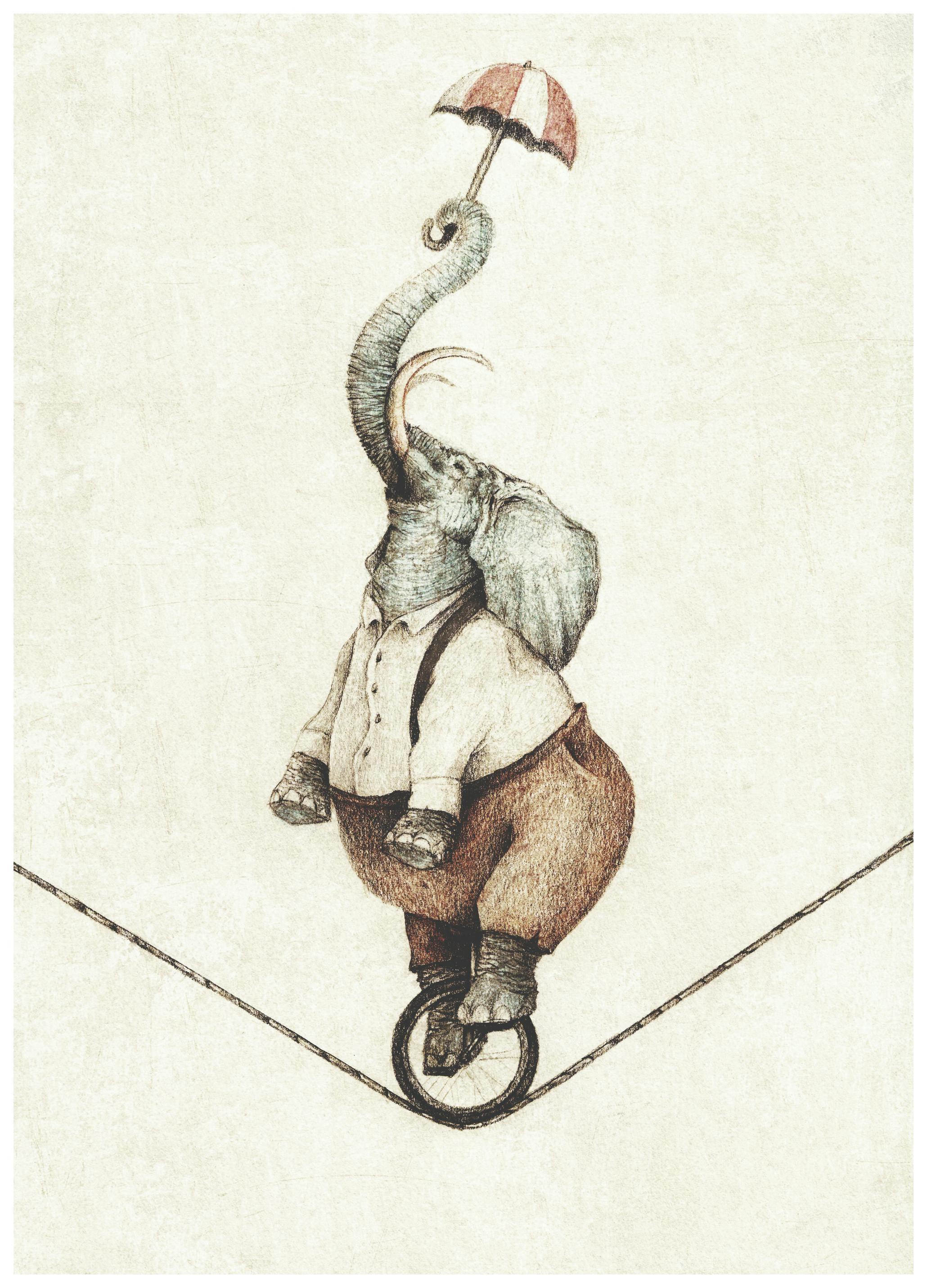 Mike Koubou - Unicycle While Holding An Umbrella Poster (13x18 cm) - Poster Store