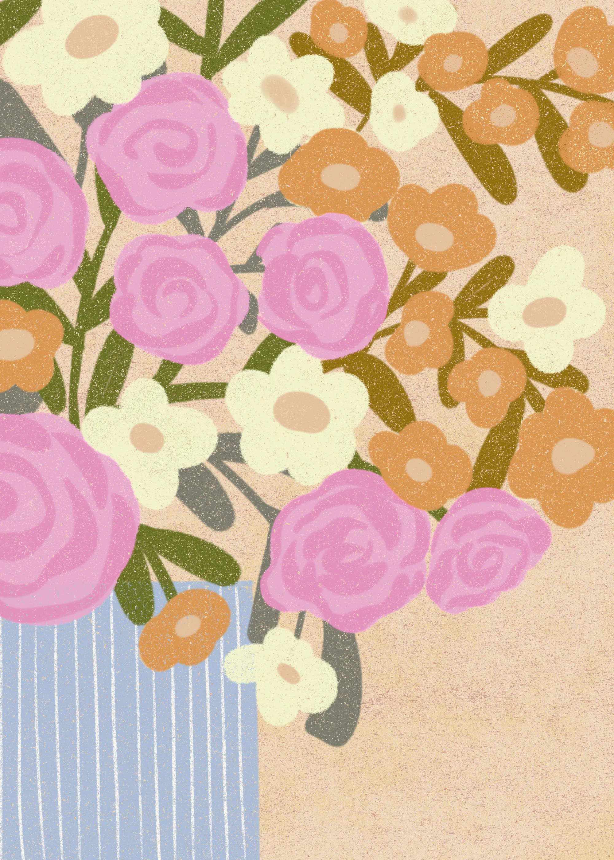 Nikita Jariwala - Fleurs Roses Vase Bleu Poster 0