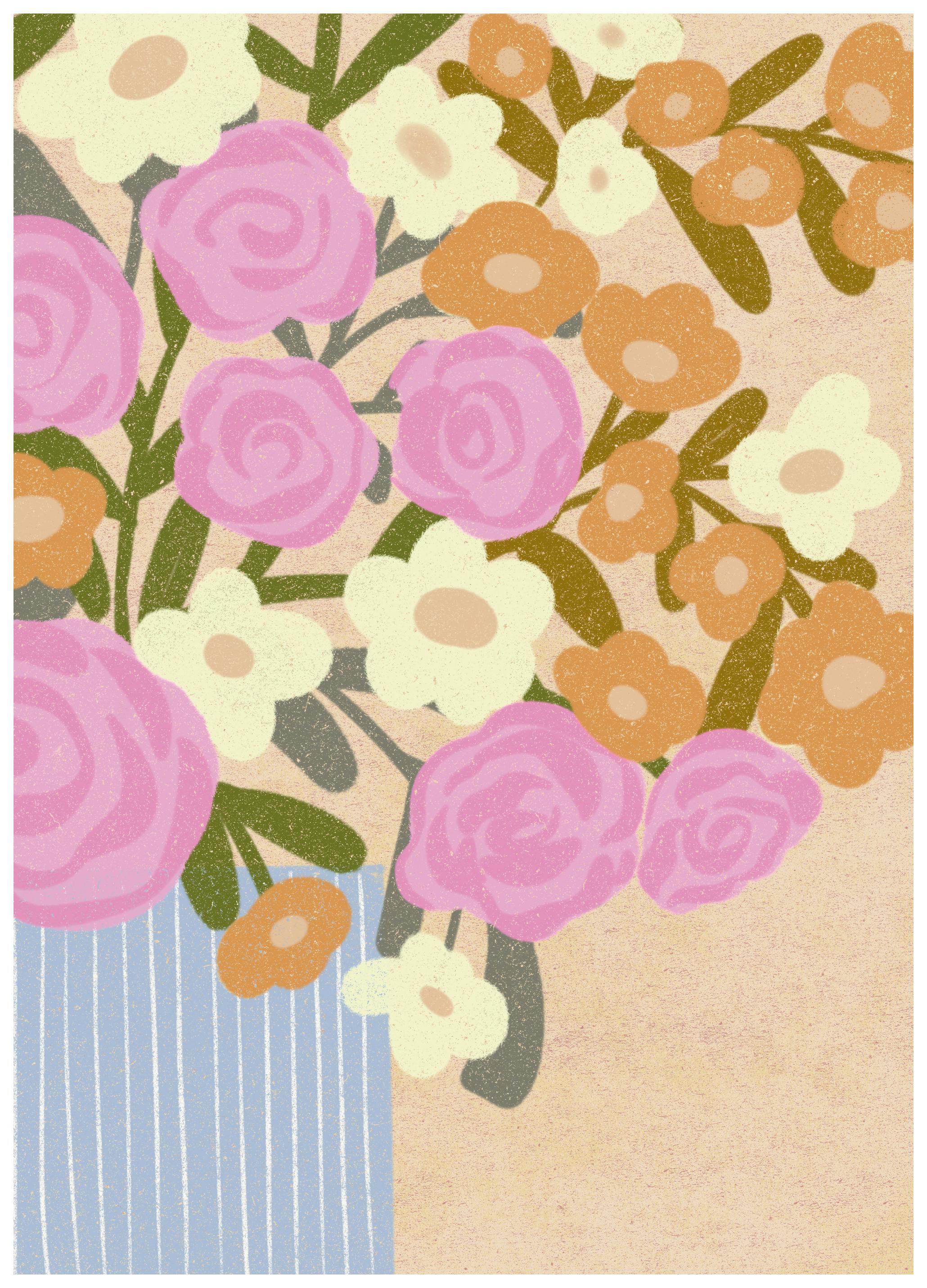 Nikita Jariwala - Pink Blooms Blue Vase Poster (50x70 cm) - Poster Store