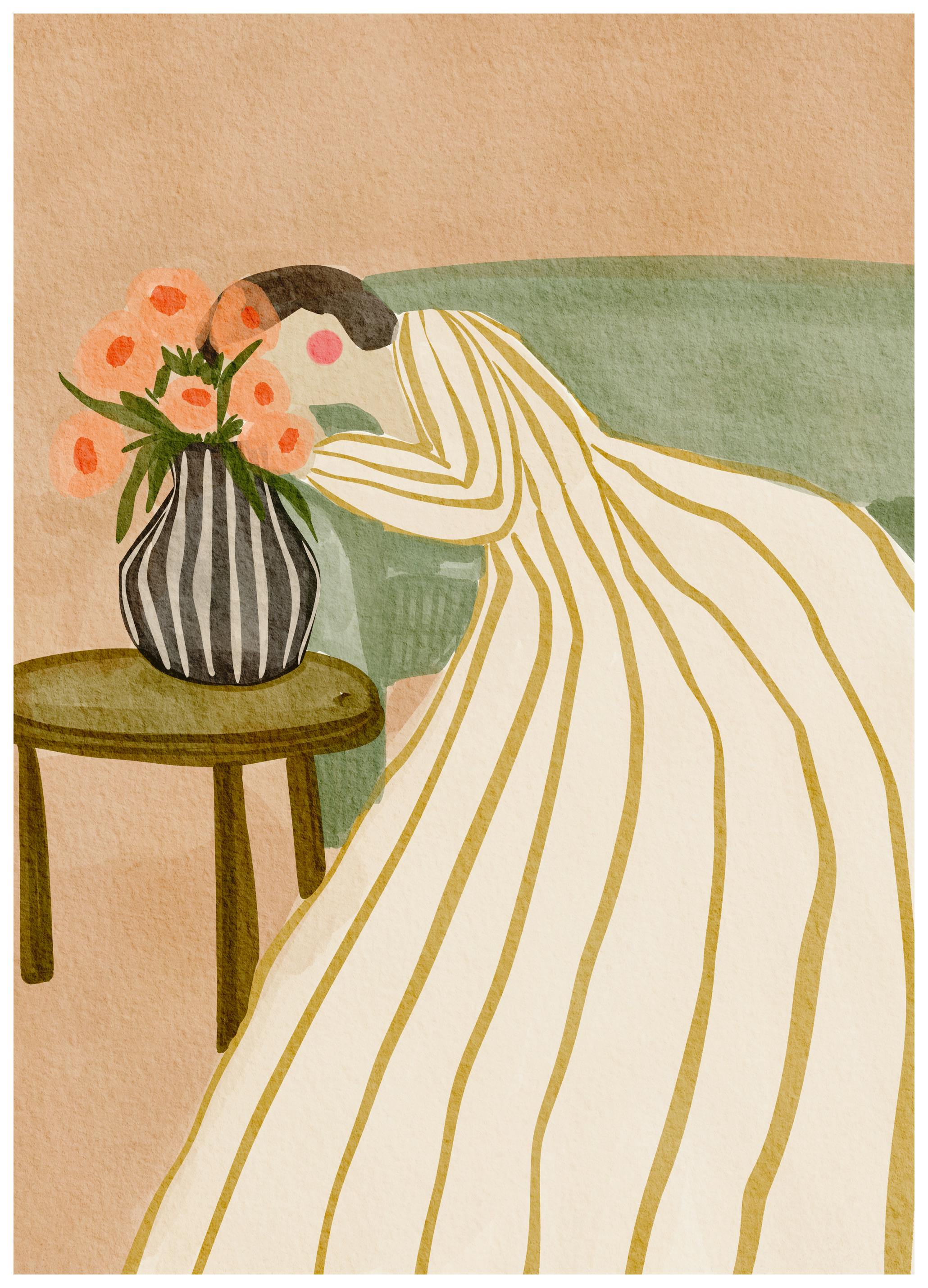 Nikita Jariwala - Vrouw Bewondert Bloemen Poster (70x100 cm) - Poster Store