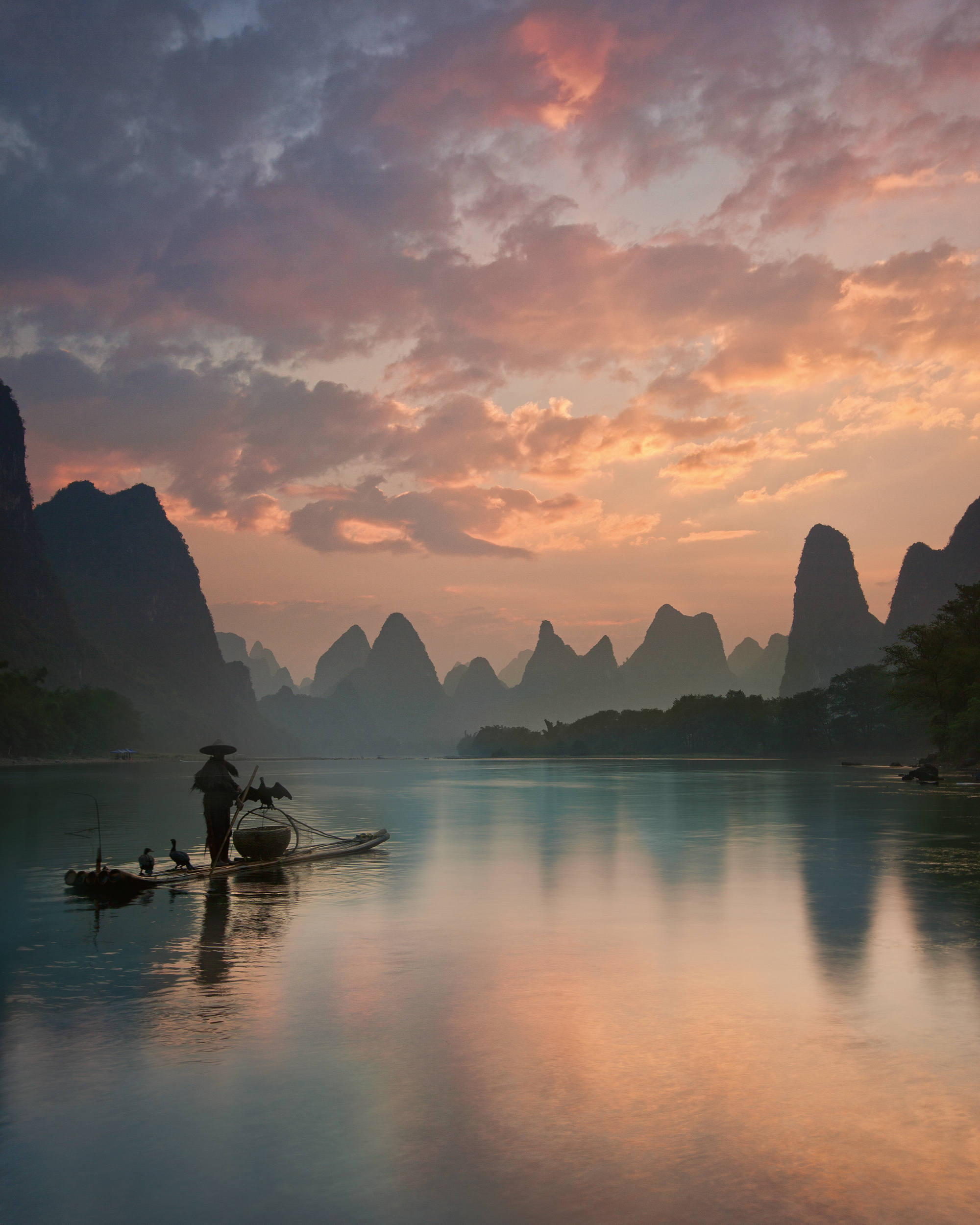 Yan Zhang - Cormorant Fisherman River Dawn Print