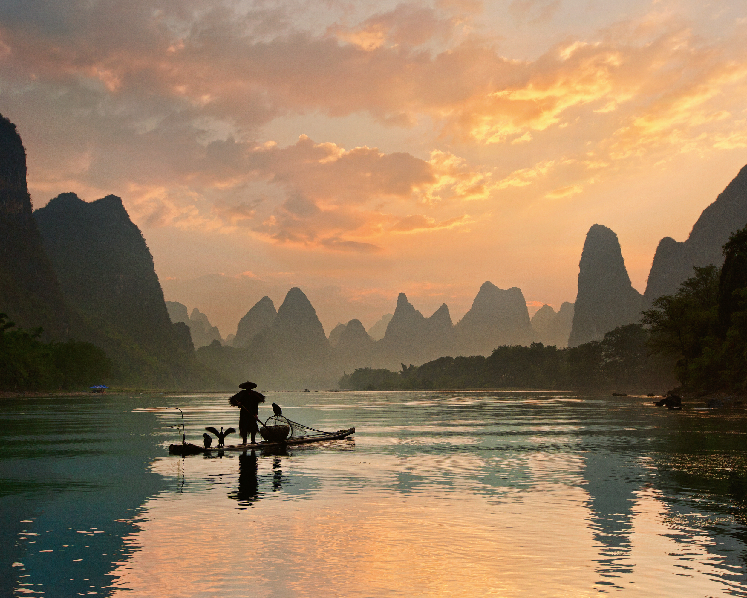 Yan Zhang - Cormorant Fishing Golden Hour Print