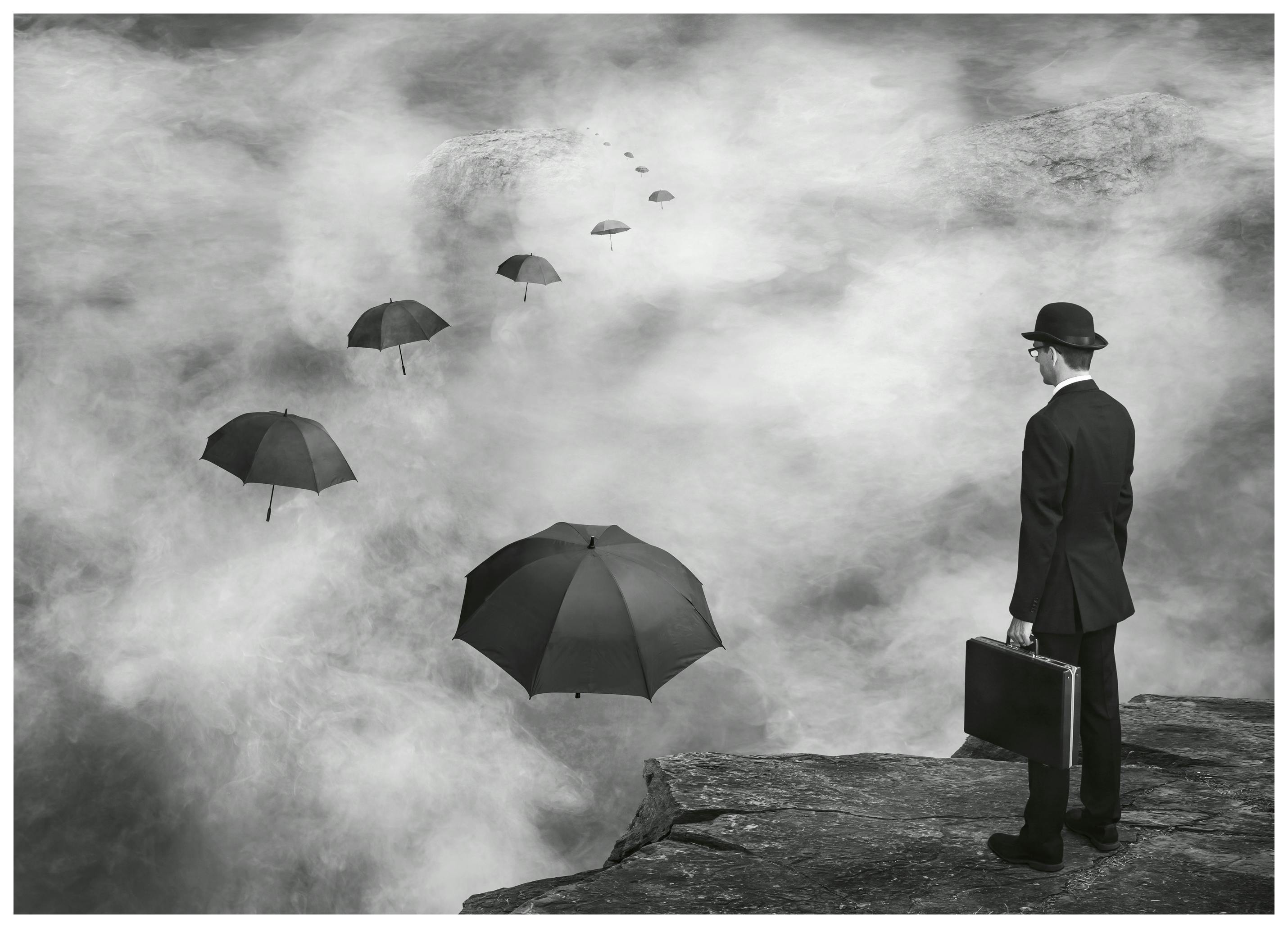 Alain Villeneuve - Man and Floating Umbrellas Poster (30x40 cm) - Poster Store