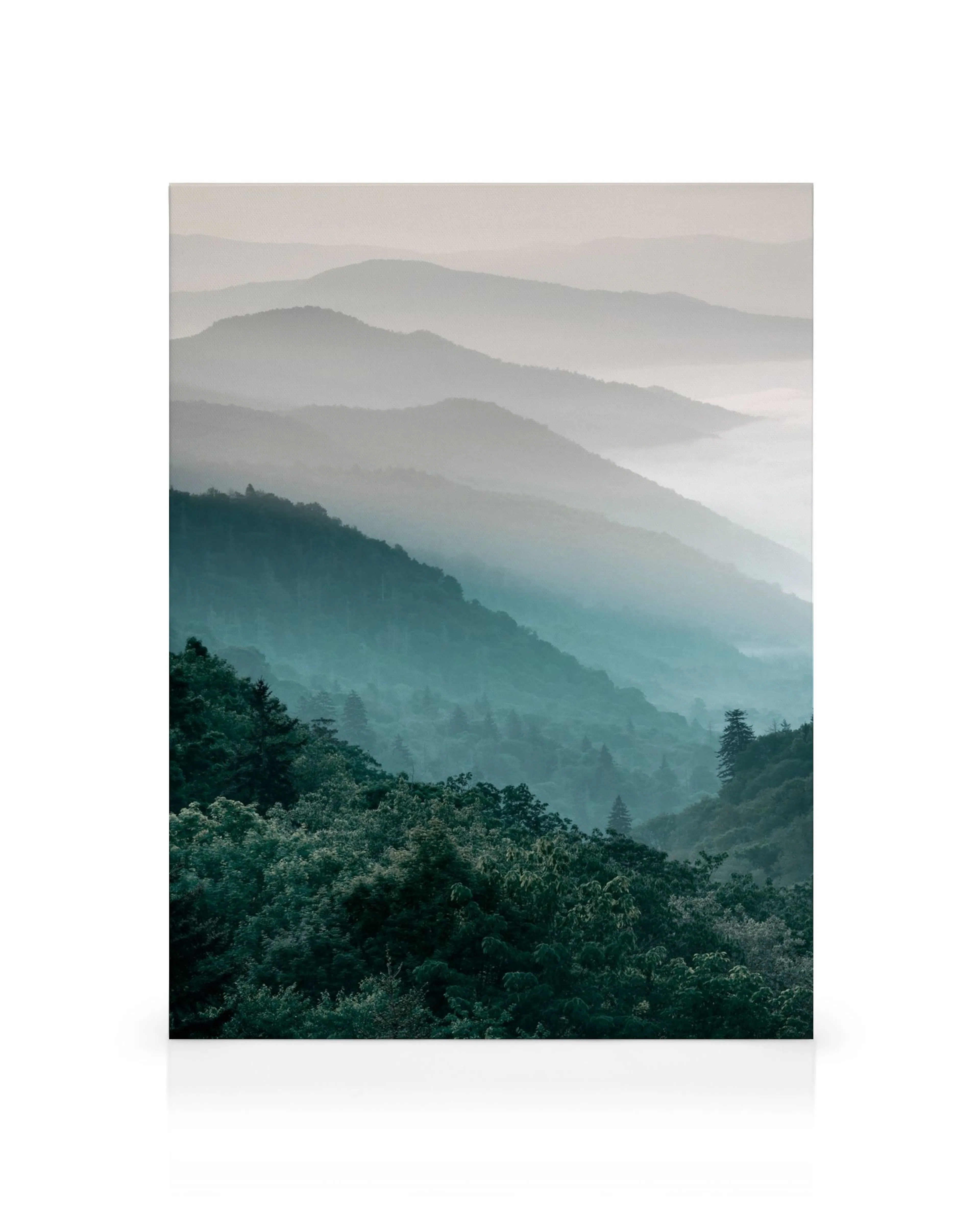 Toile dun paysage de montagnes brumeuses aux teintes vertes et bleues, avec des sapins au premier plan.