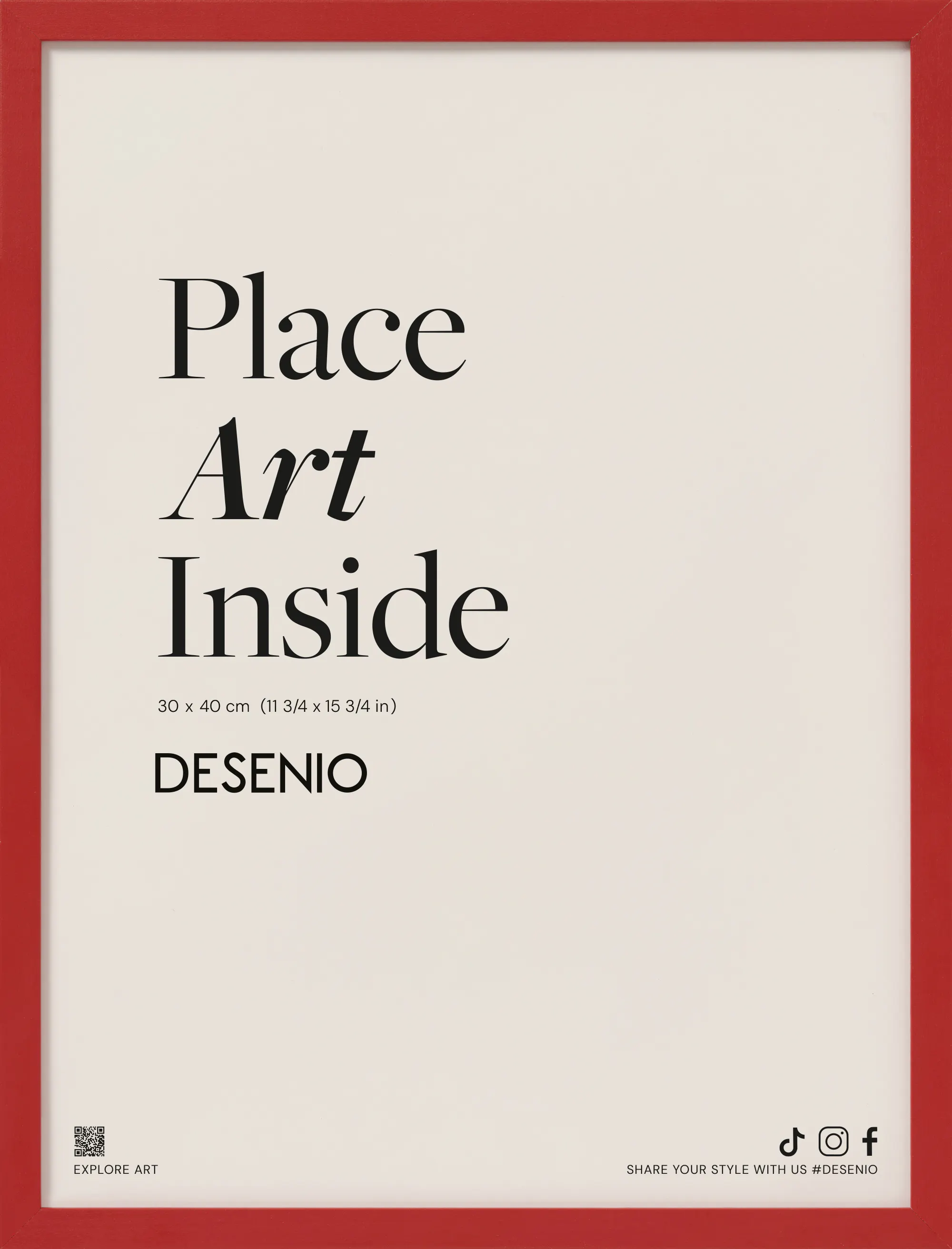 Póster que muestra la frase Place Art Inside en letras negras sobre un fondo beige, con un marco rojo brillante.