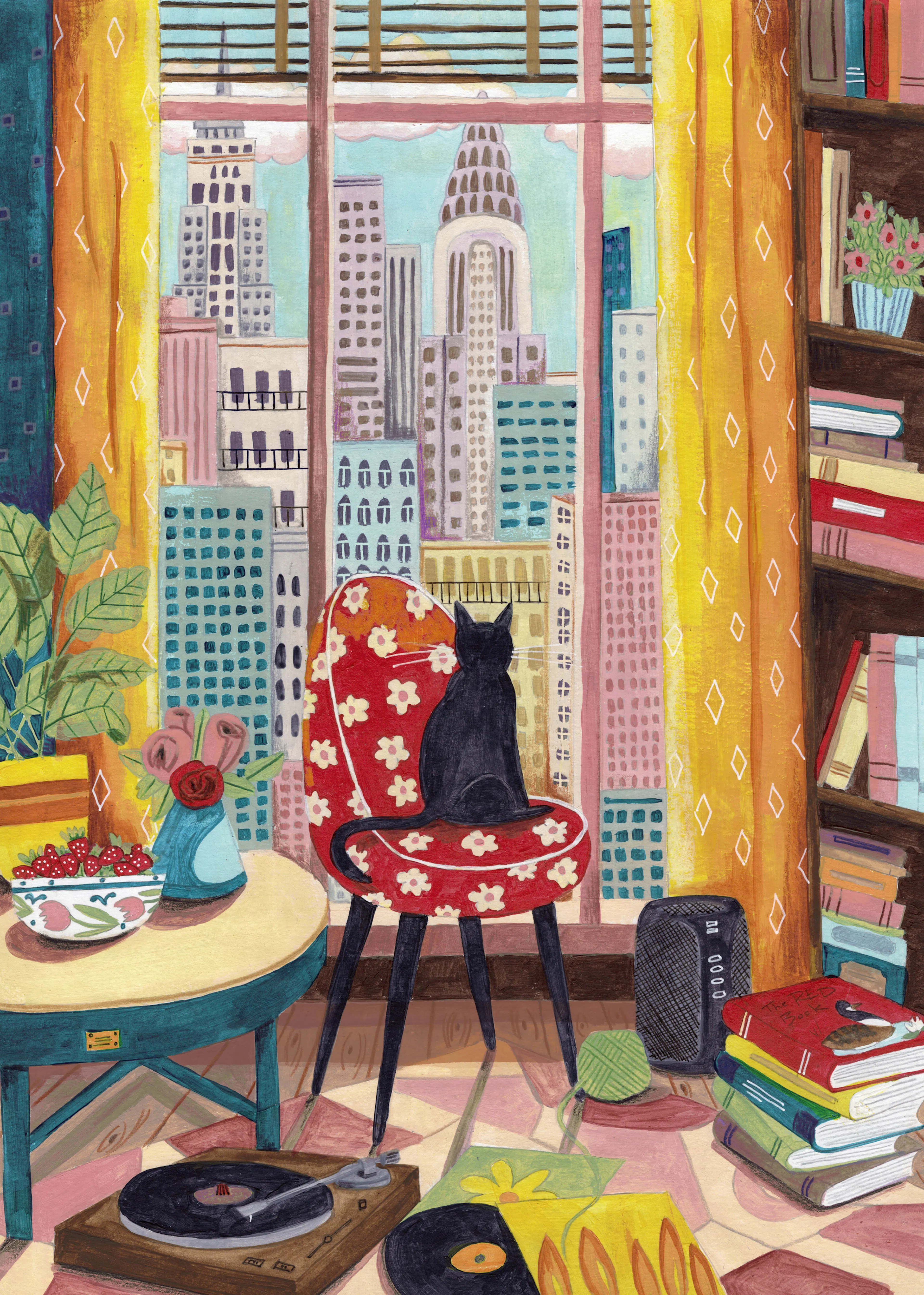 Caroline Bonne Müller - Cat in front of window in New York bright colours Poster 0
