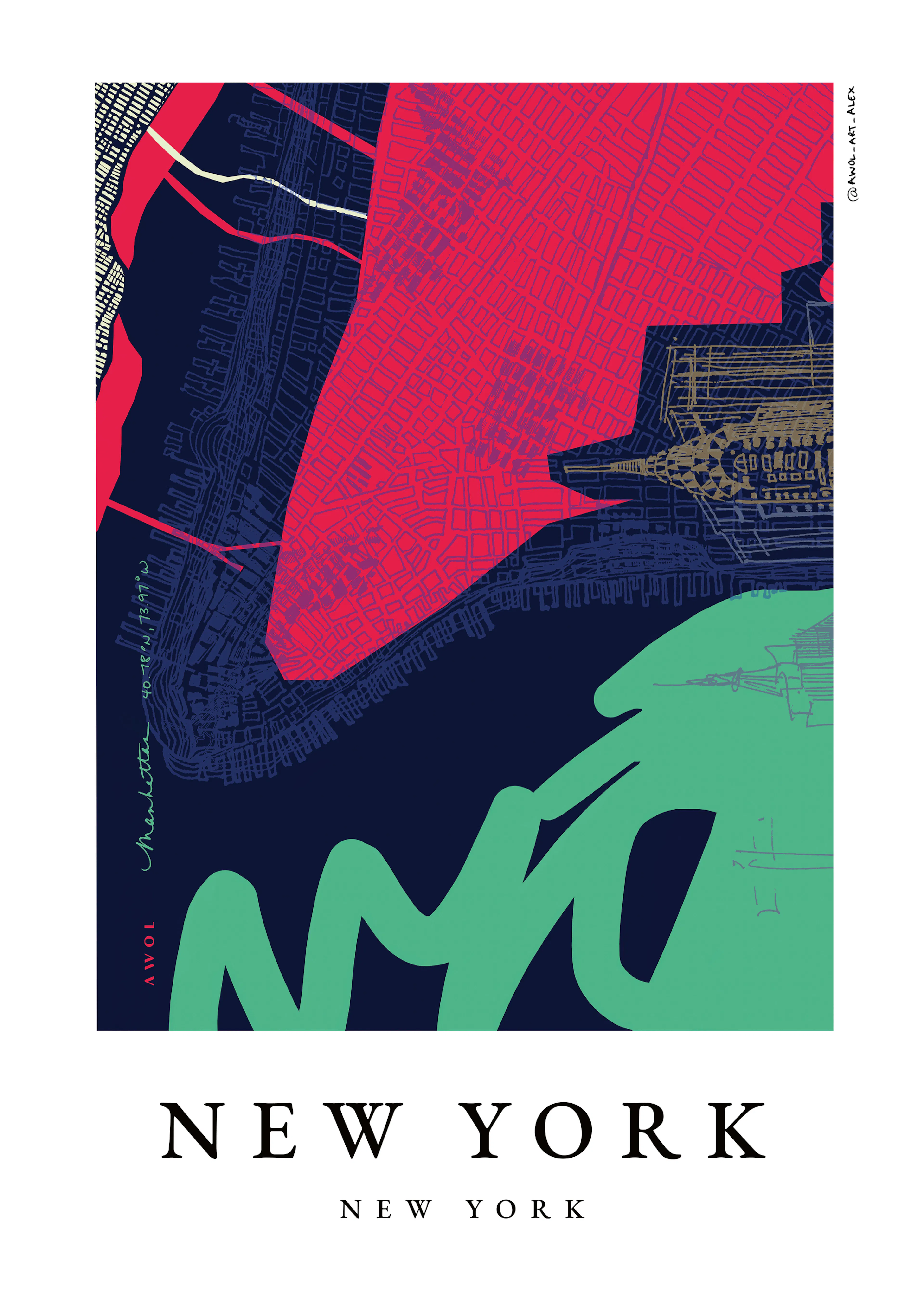 Awol Art Alex - 鮮やかなニューヨーク地図ポスター 0
