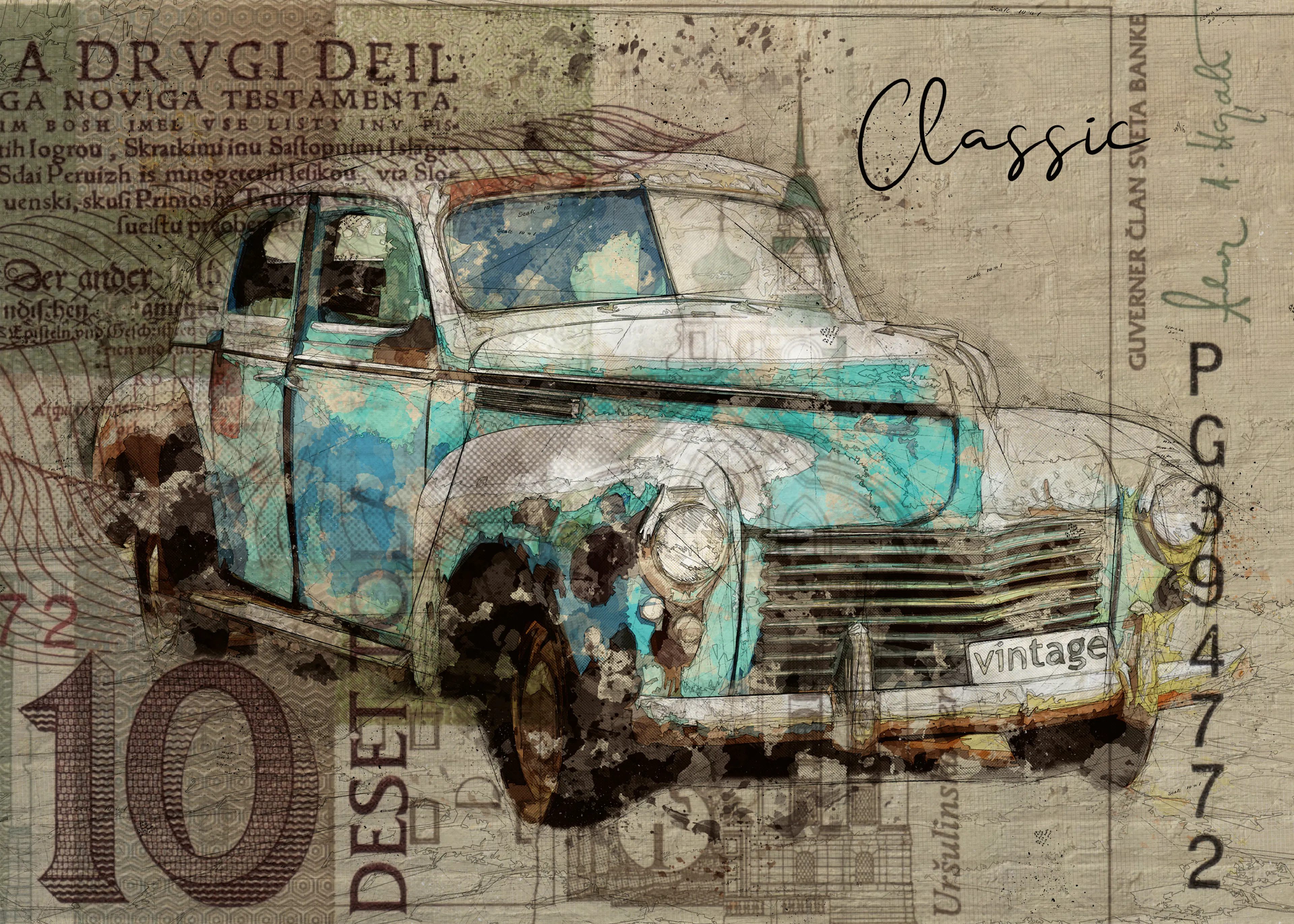 Lembayung senja studio [Vintage Poster] - Rusty Teal Classic Car Poster 0