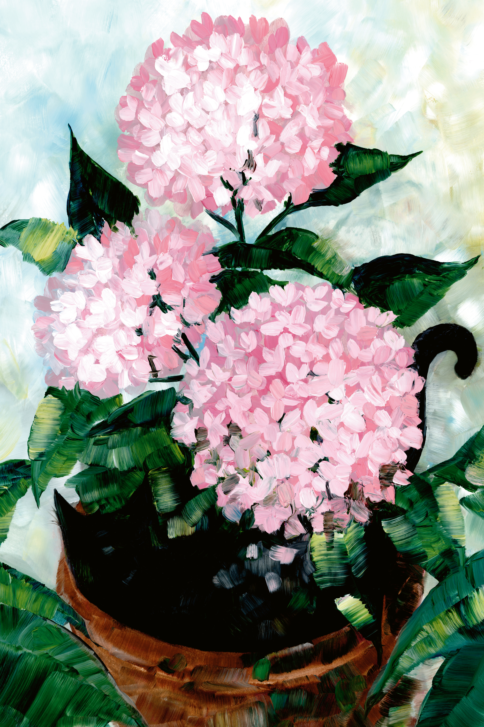 【原画】no.131 still blooming - pink - Rosana Laiz Blursbyai - Pink Potted Hydrangeas Print