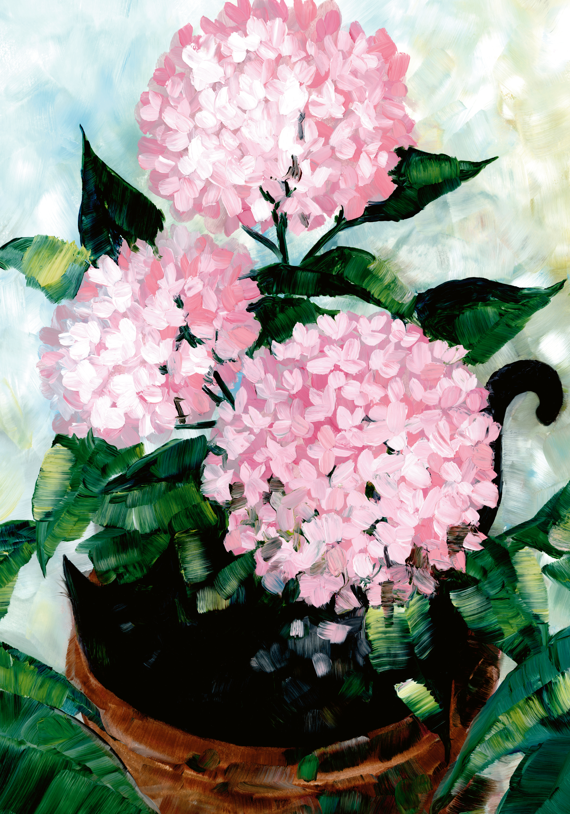 左時枝 作 油彩画 ピンクアジサイ サイン入り Rosana Laiz Blursbyai - ピンクの鉢植えアジサイ ポスター