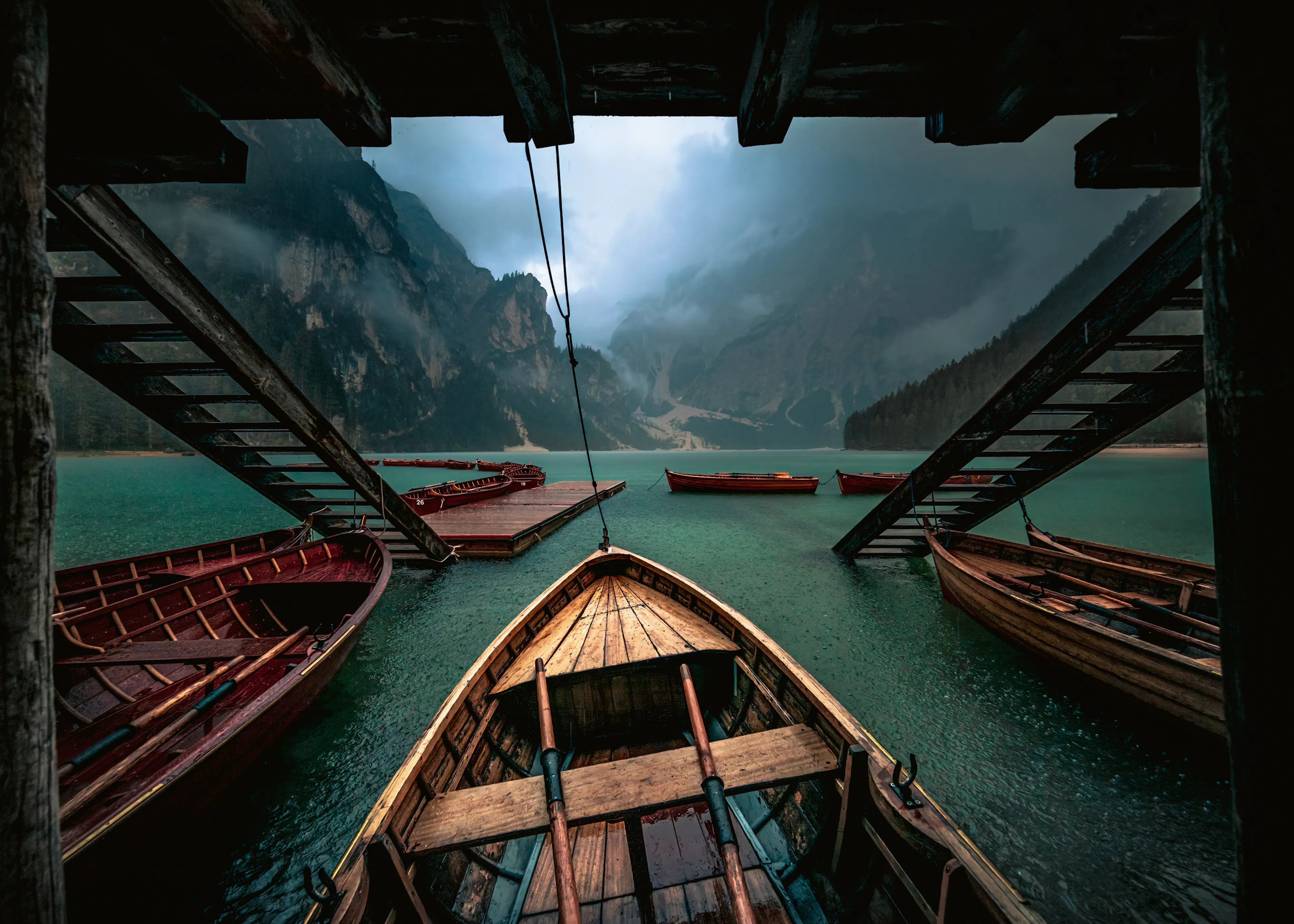 Marco Tagliarino - Misty Mountain Lake Boats Poster 0
