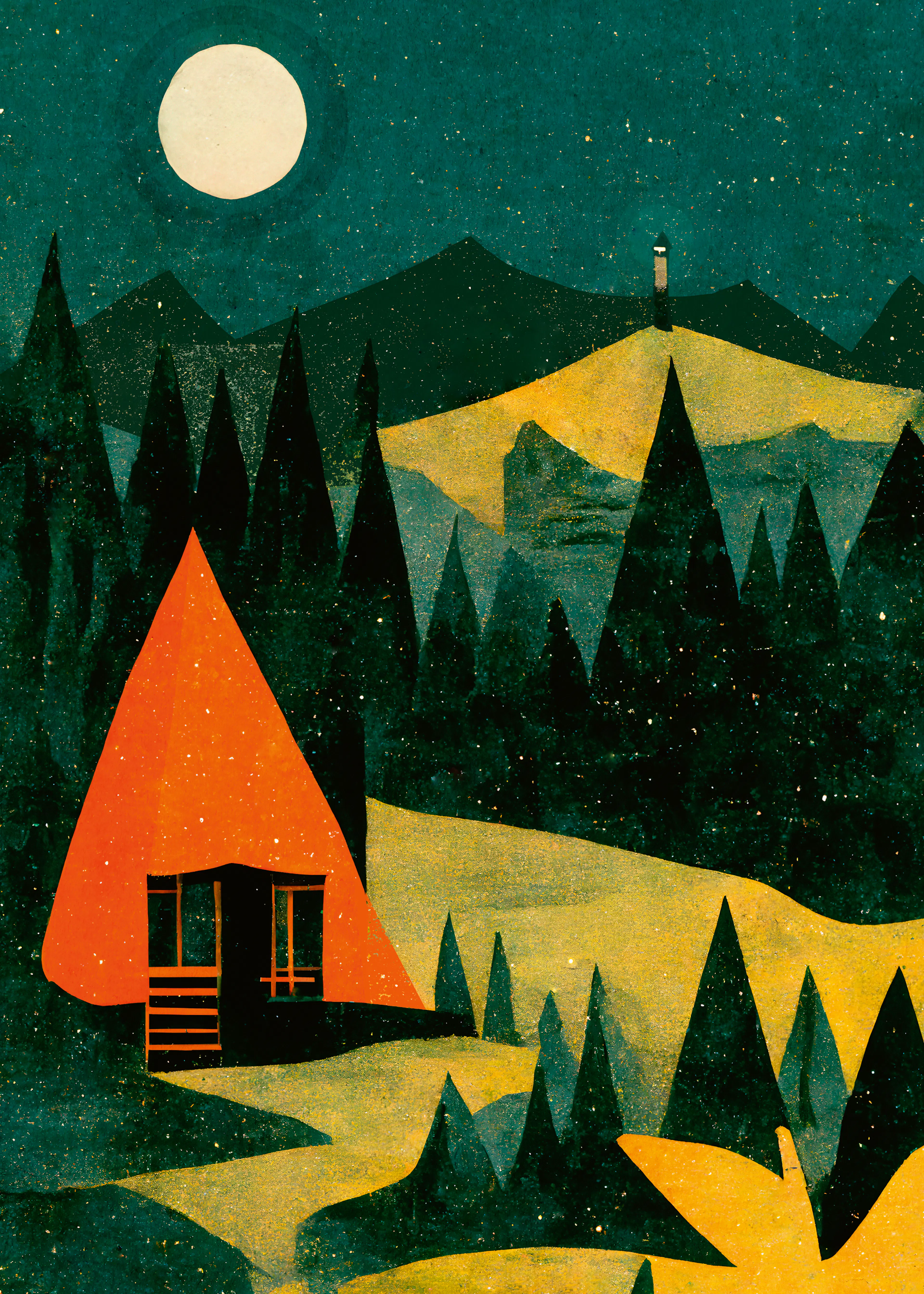 Green Moonlit Cabin Poster 0