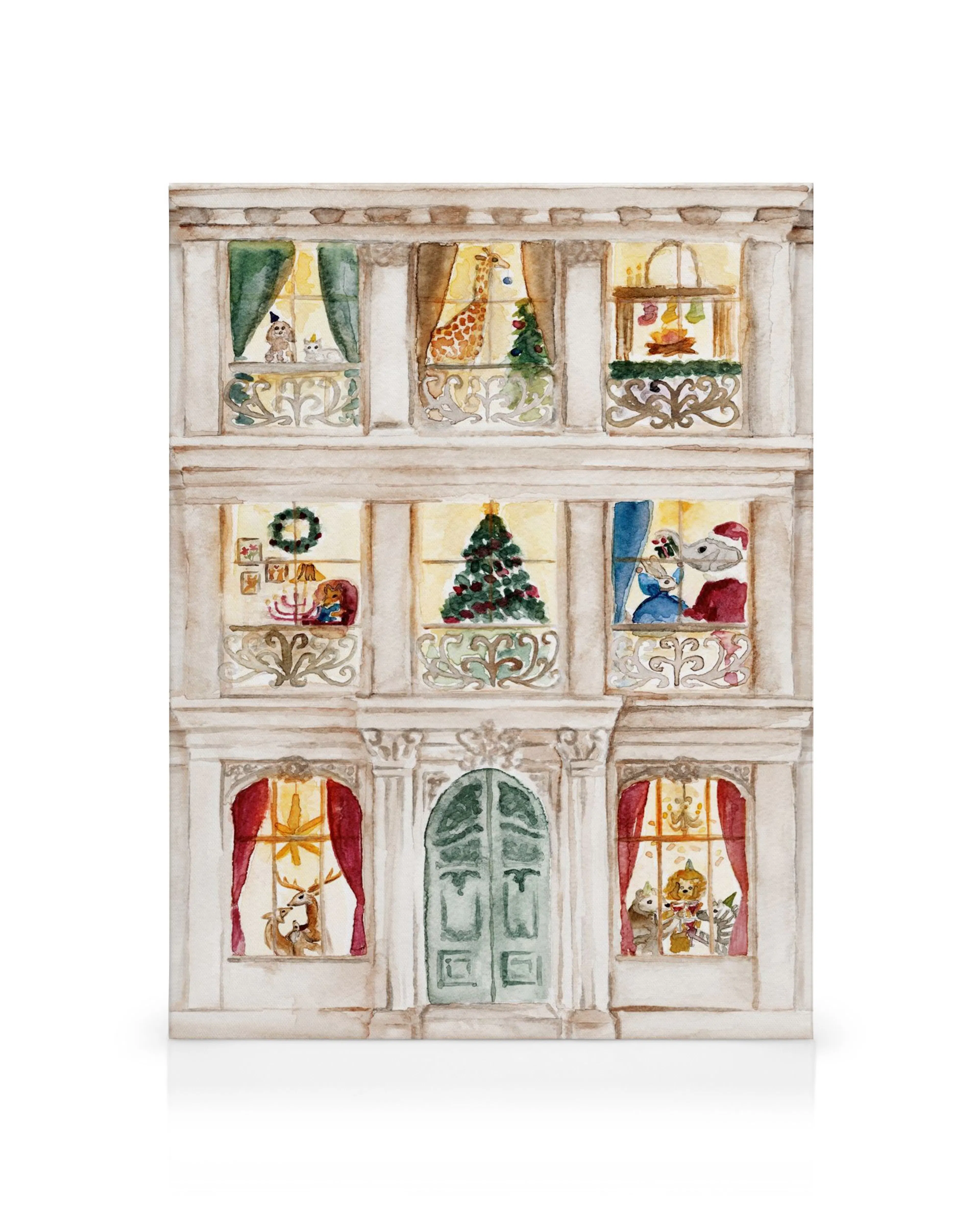 Toile de Noël représentant une façade de bâtiment avec des animaux dans des fenêtres éclairées.