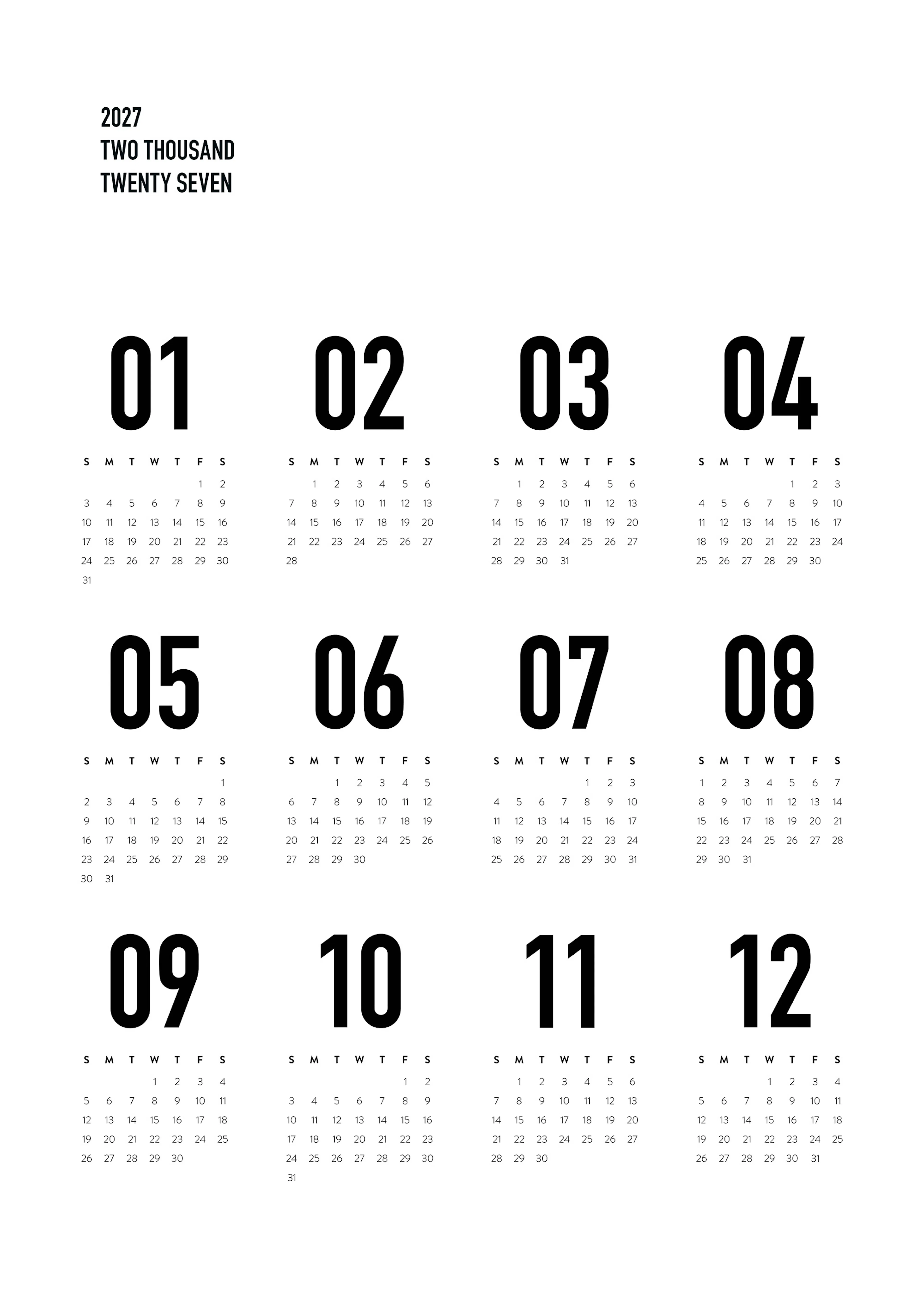 Calendar 2027 BW US Poster 0