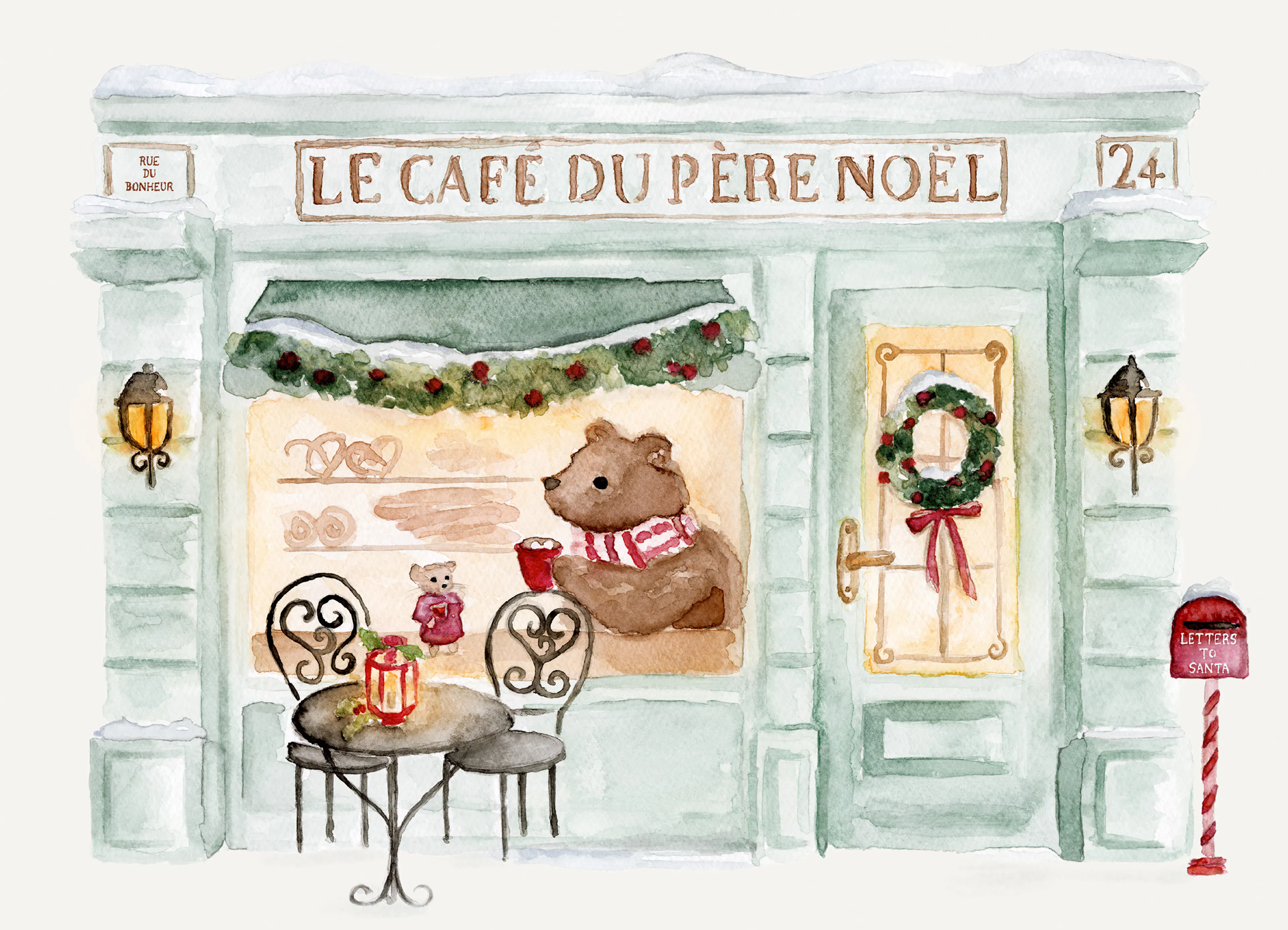 A charming Christmas poster of a cozy cafe facade, adorned with festive decor and a teddy bear in the window.
