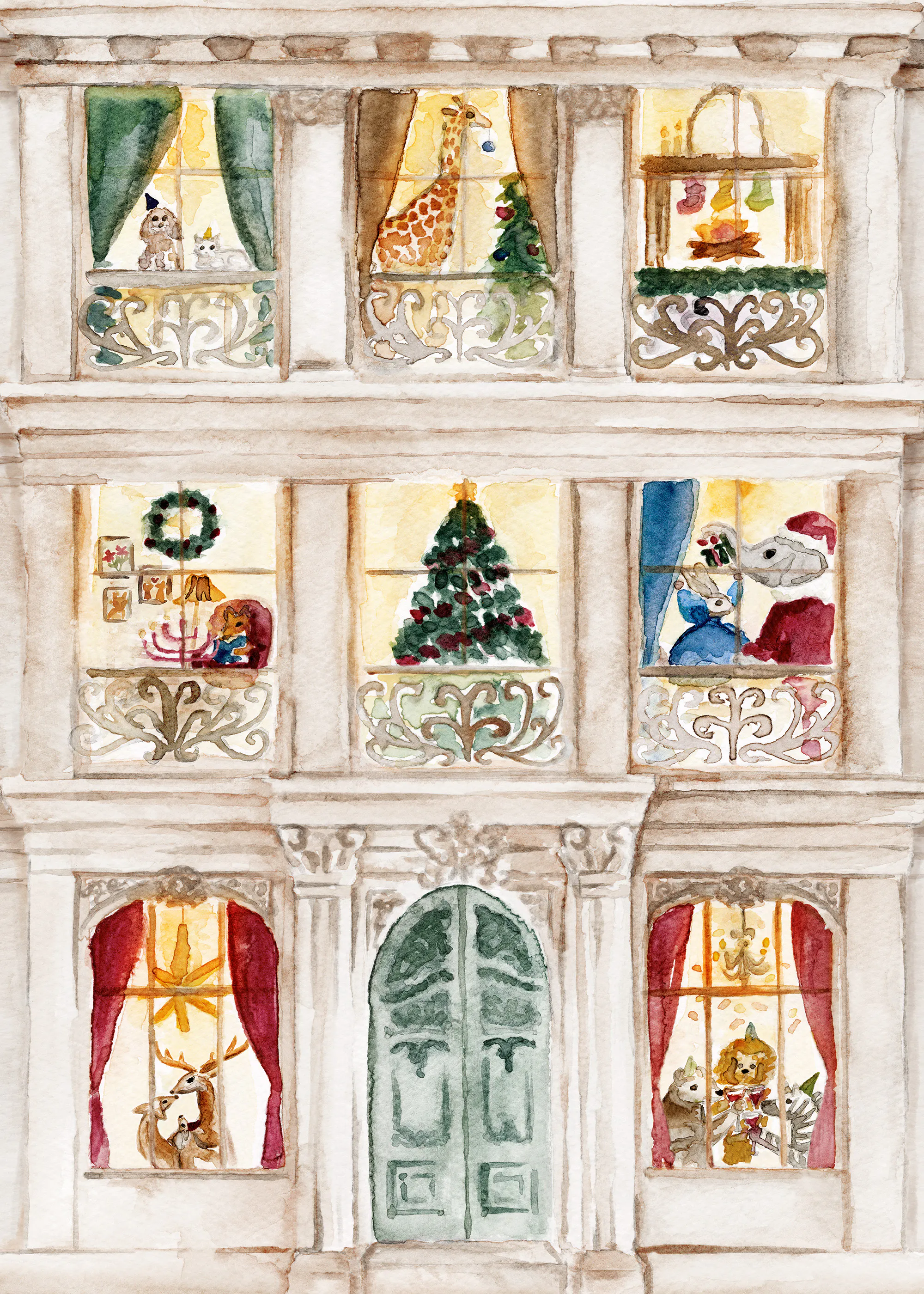 A poster of an apartment building with festive Christmas scenes in each window, including animals celebrating.