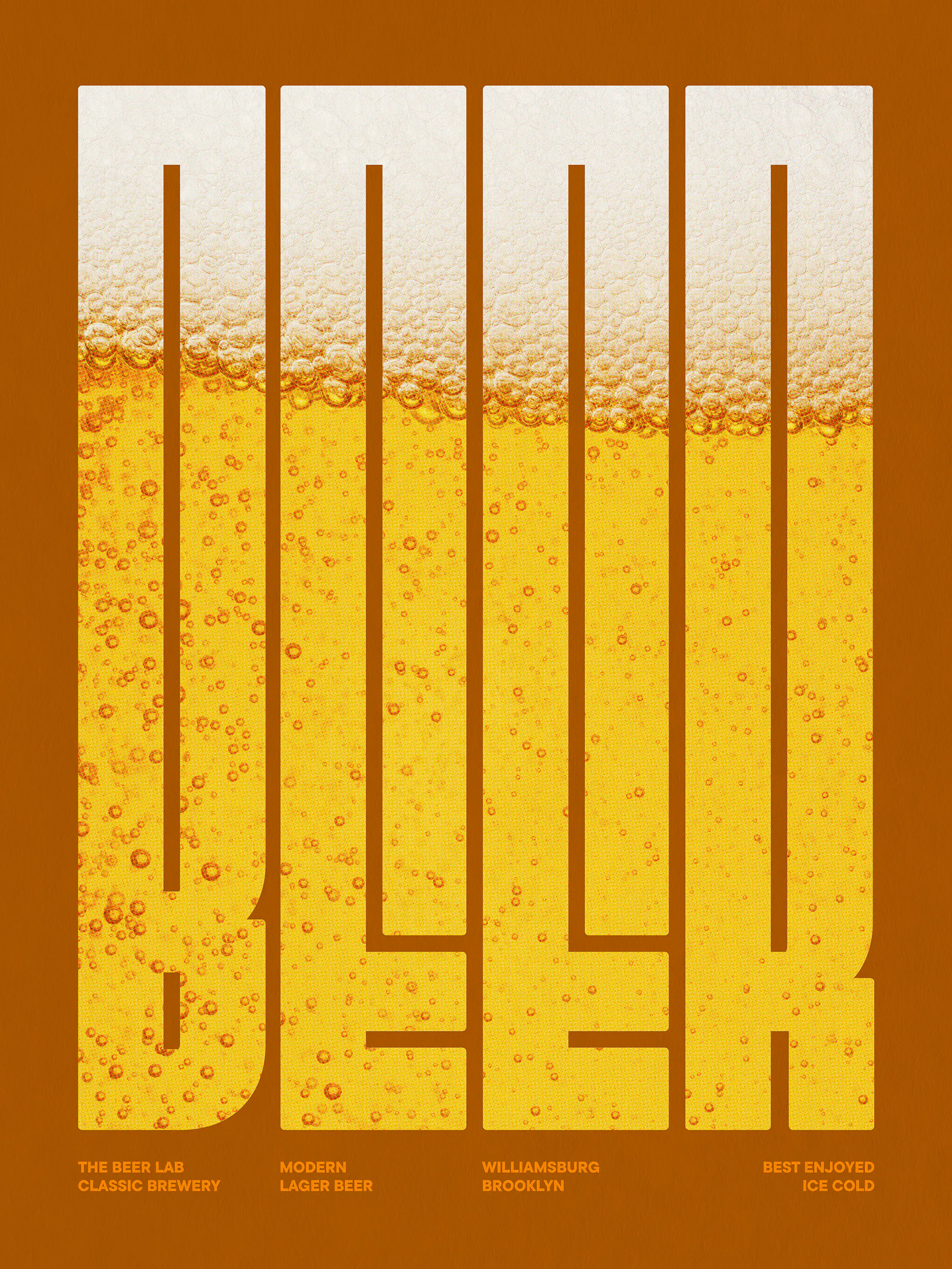 En plakat med ordet BEER i store, hvite bokstaver fylt med et bilde av øl og skum. Ølplakat.