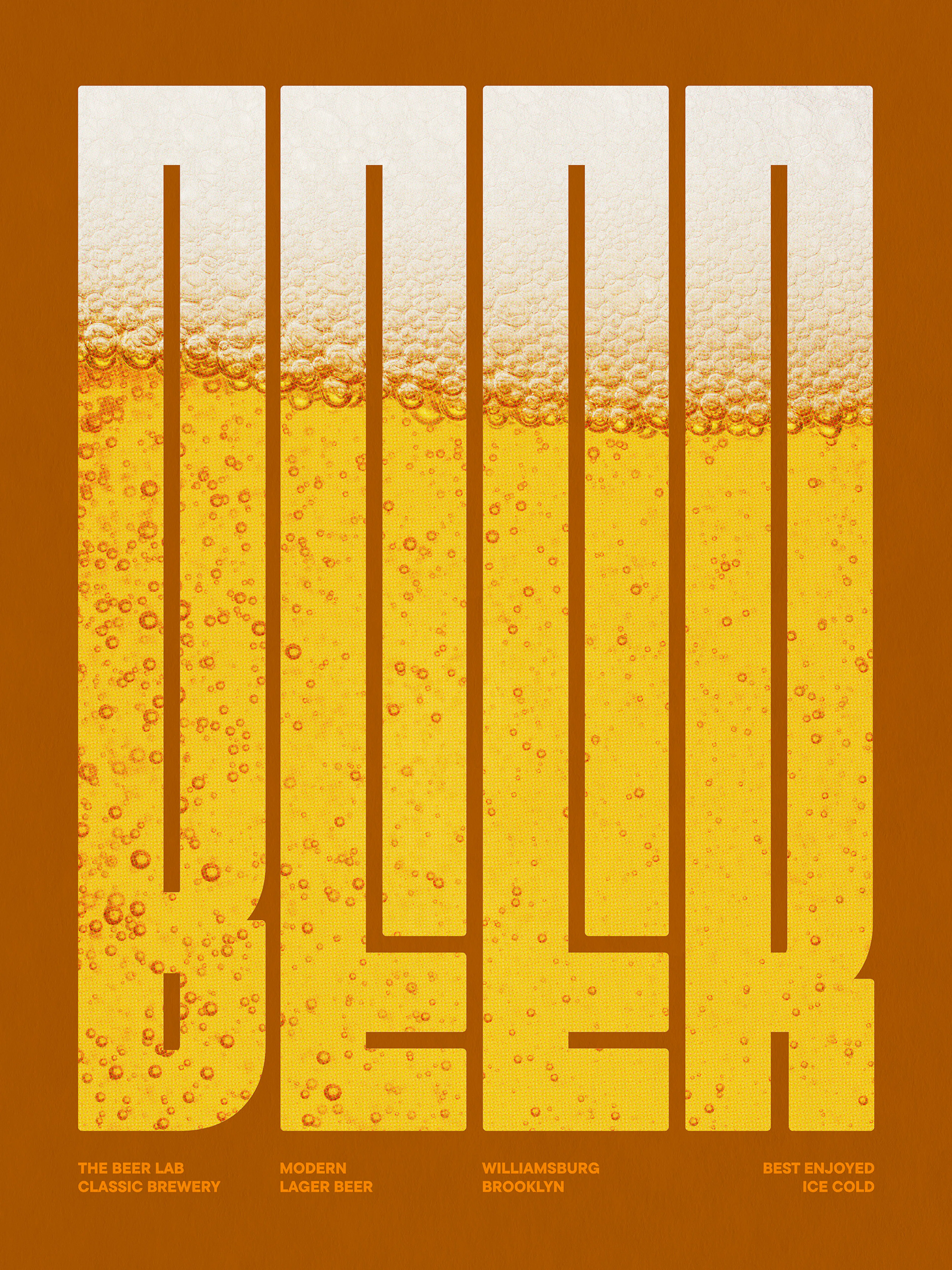 A poster featuring the word BEER in large white block letters, filled with a golden beer and foam texture, on a brown background